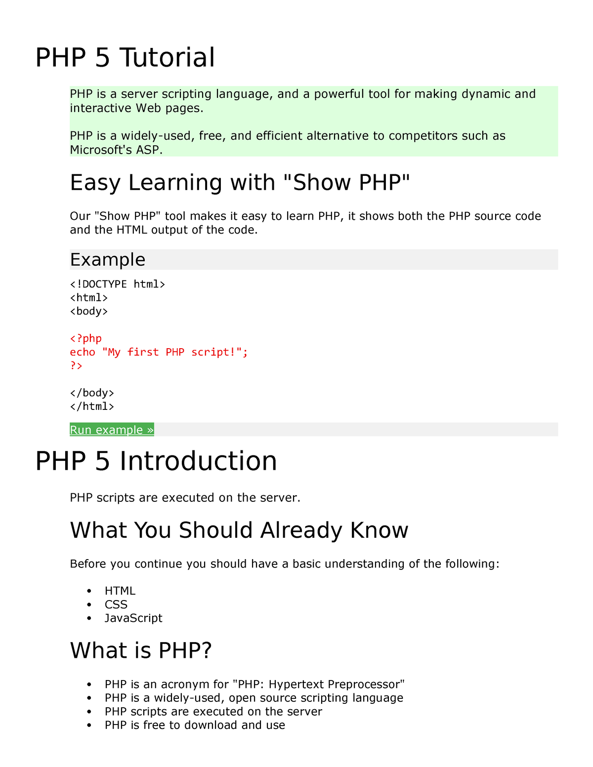 PHP 5 - Disected From W3schools - PHP 5 Tutorial PHP Is A Server ...