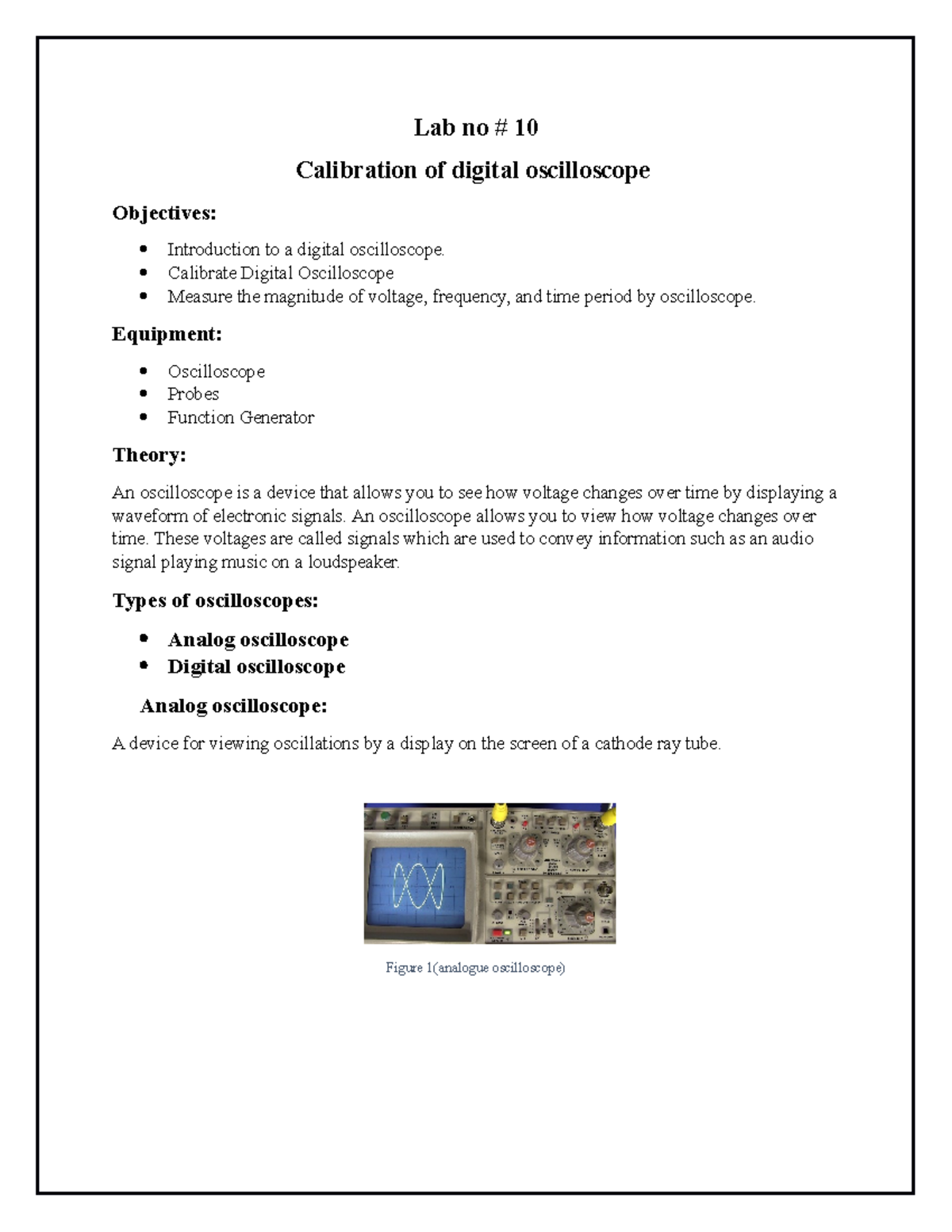 Lab no 10 wasay completed Lab no 10 Calibration of digital oscilloscope Objectives Studocu