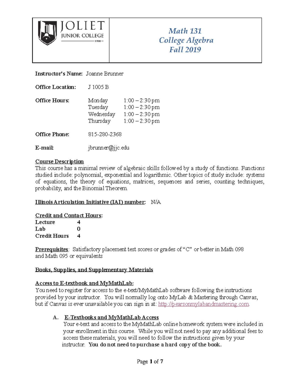 M131 Crs Syllabus Fall 2019 - Math 131 College Algebra Fall 2019 ...