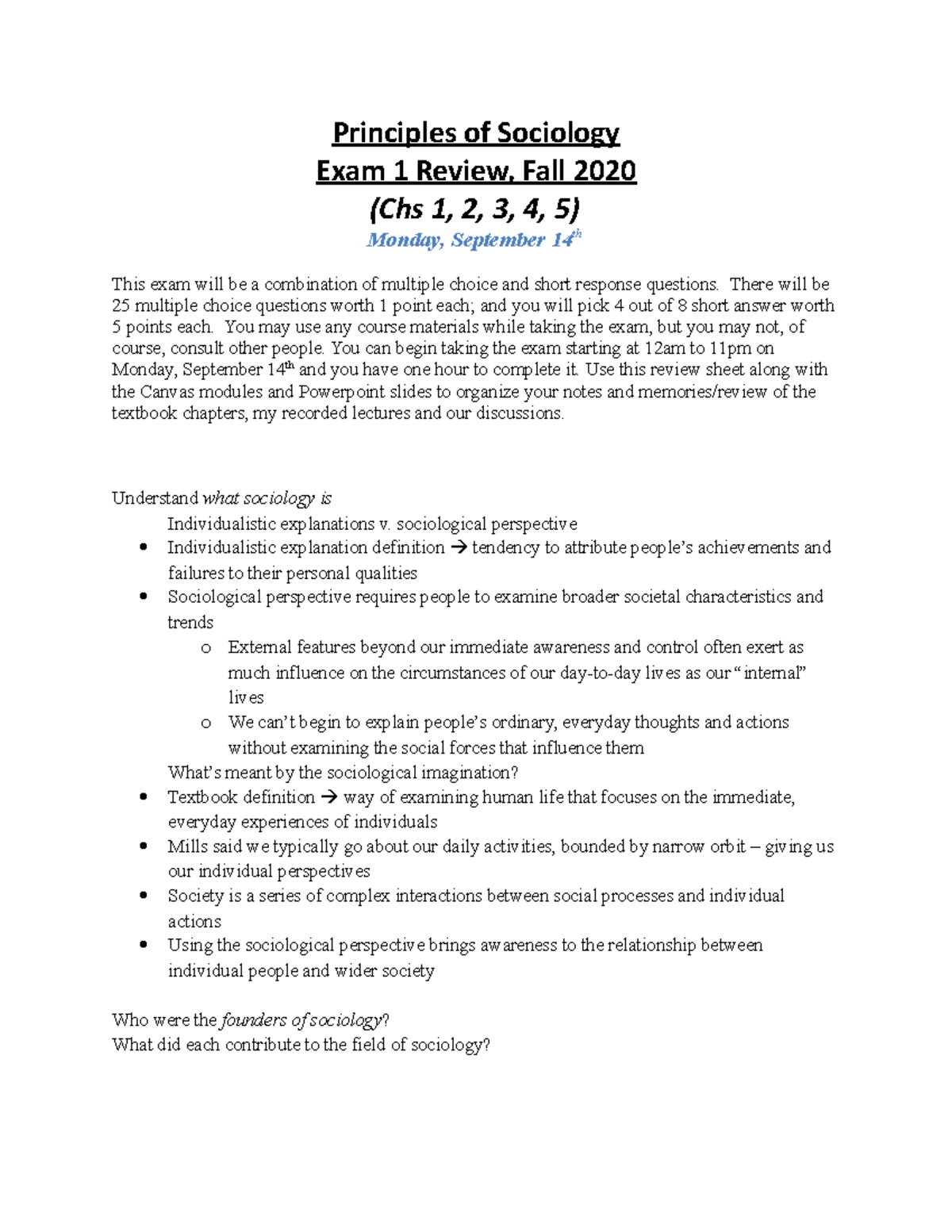 Exam 1 Review - Principles Of Sociology Exam 1 Review, Fall 2020 (Chs 1 ...