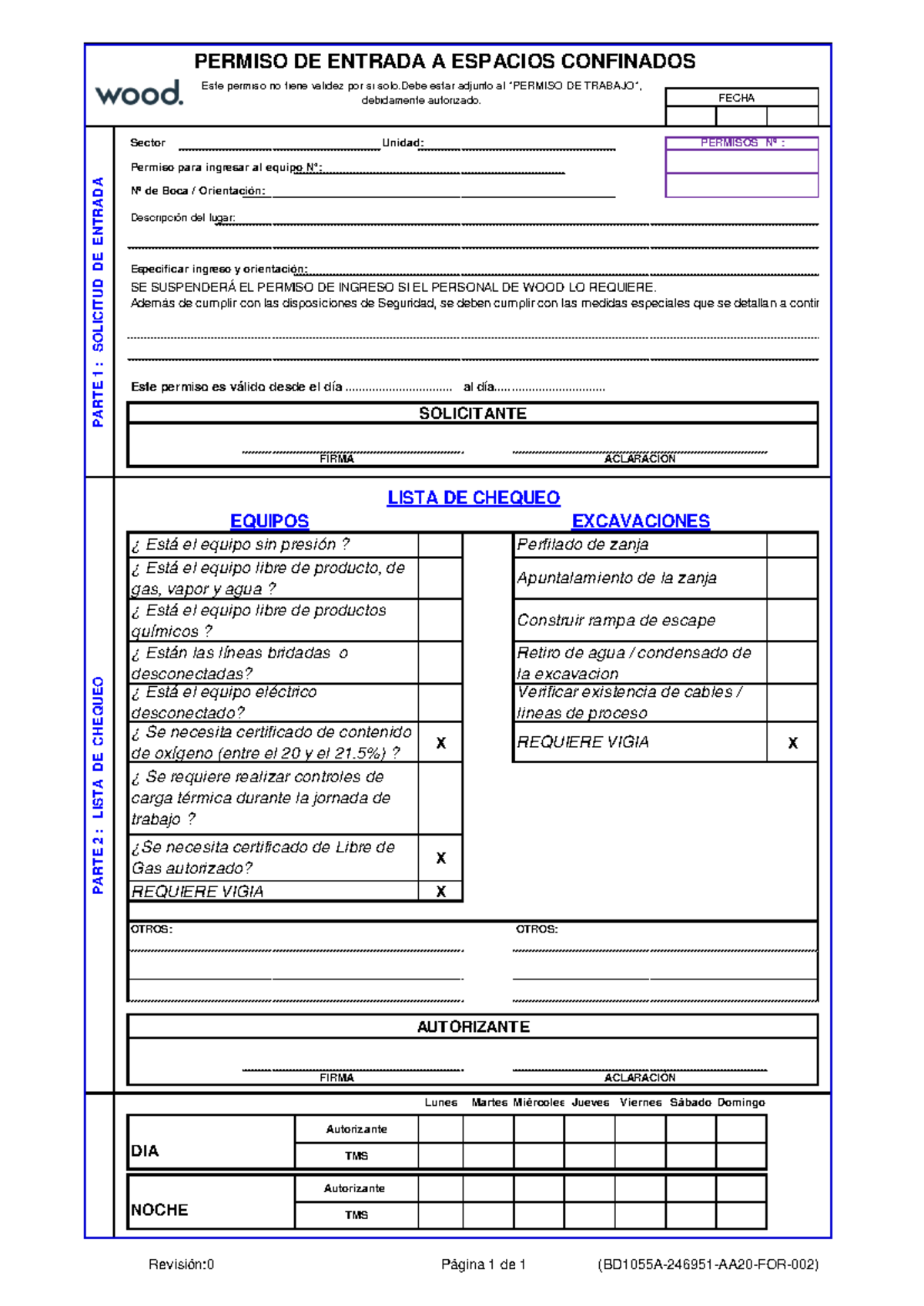 Adicional Permiso De Entrada A Espacio Confinado Bd1055a 246951 Aa20 For 002 Revisión 0