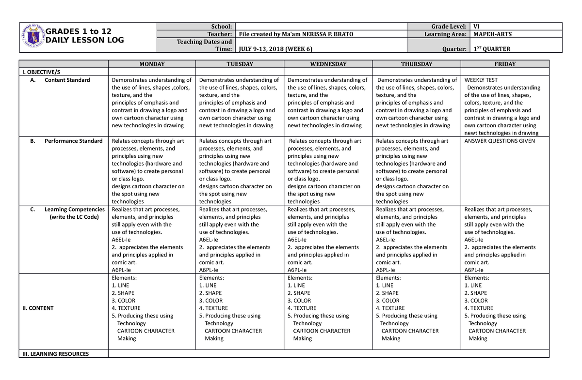 DLL Mapeh 6 Q1 W6 - Lesson Plan - GRADES 1 To 12 DAILY LESSON LOG ...