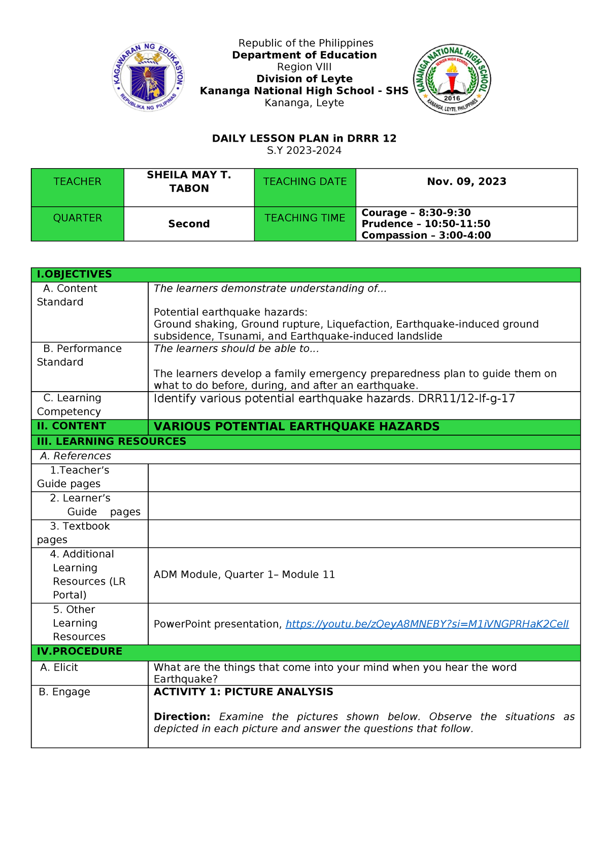 Final lesson plan q1 2 - DRRR - Republic of the Philippines Department ...