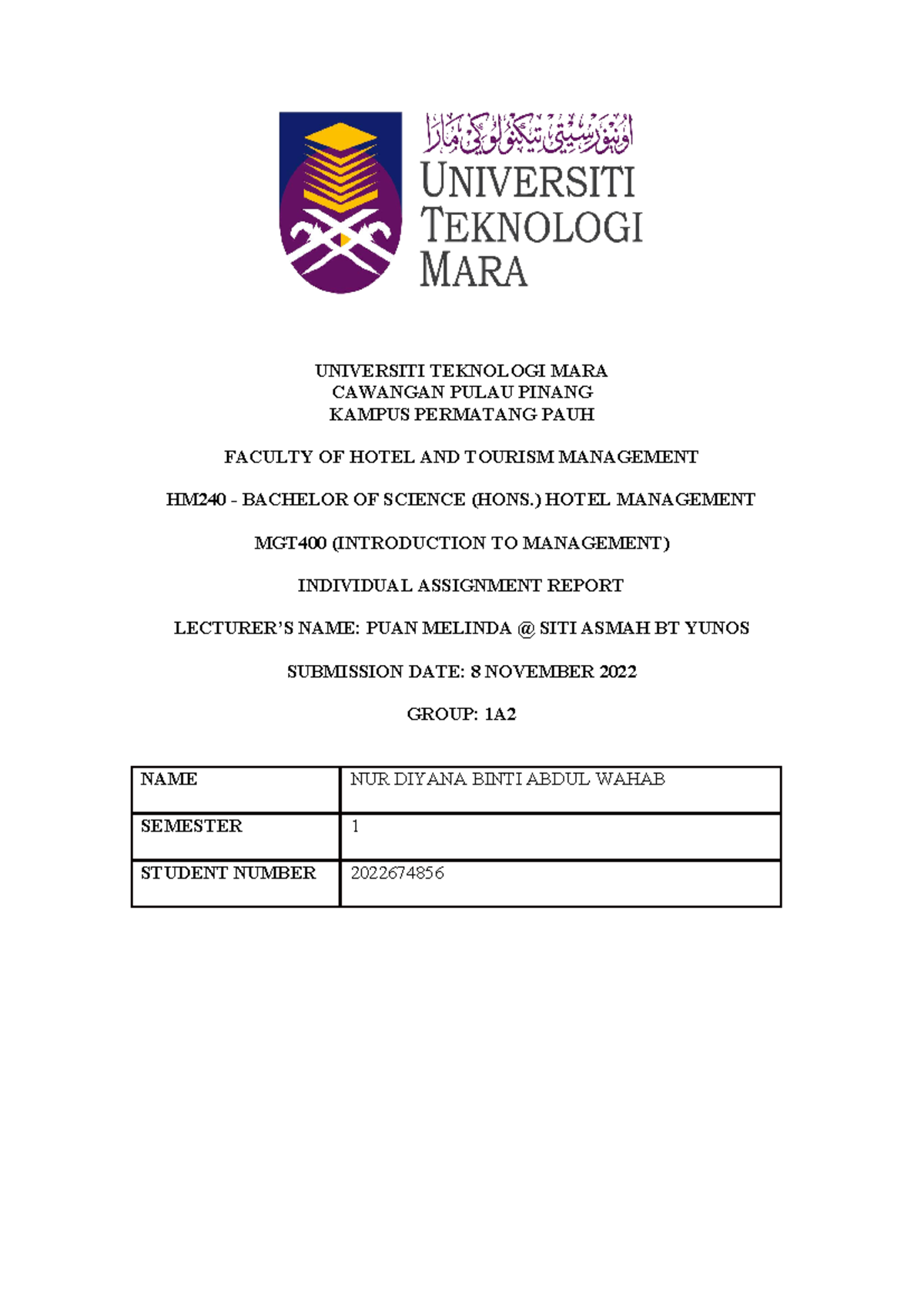 Individual Assignment - UNIVERSITI TEKNOLOGI MARA CAWANGAN PULAU PINANG ...