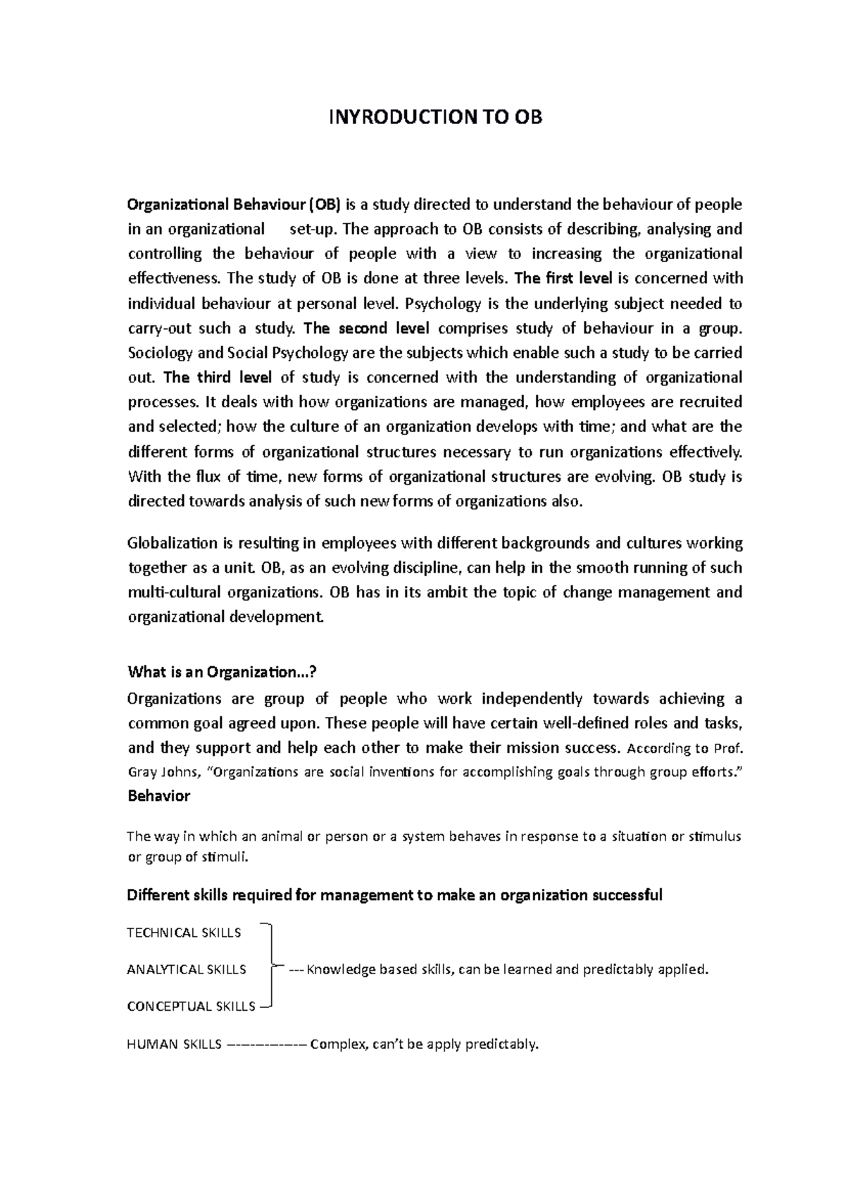 Inyroduction TO OB - INTRODUCTION TO ORGANISATIONAL BEHAVIOUR ...