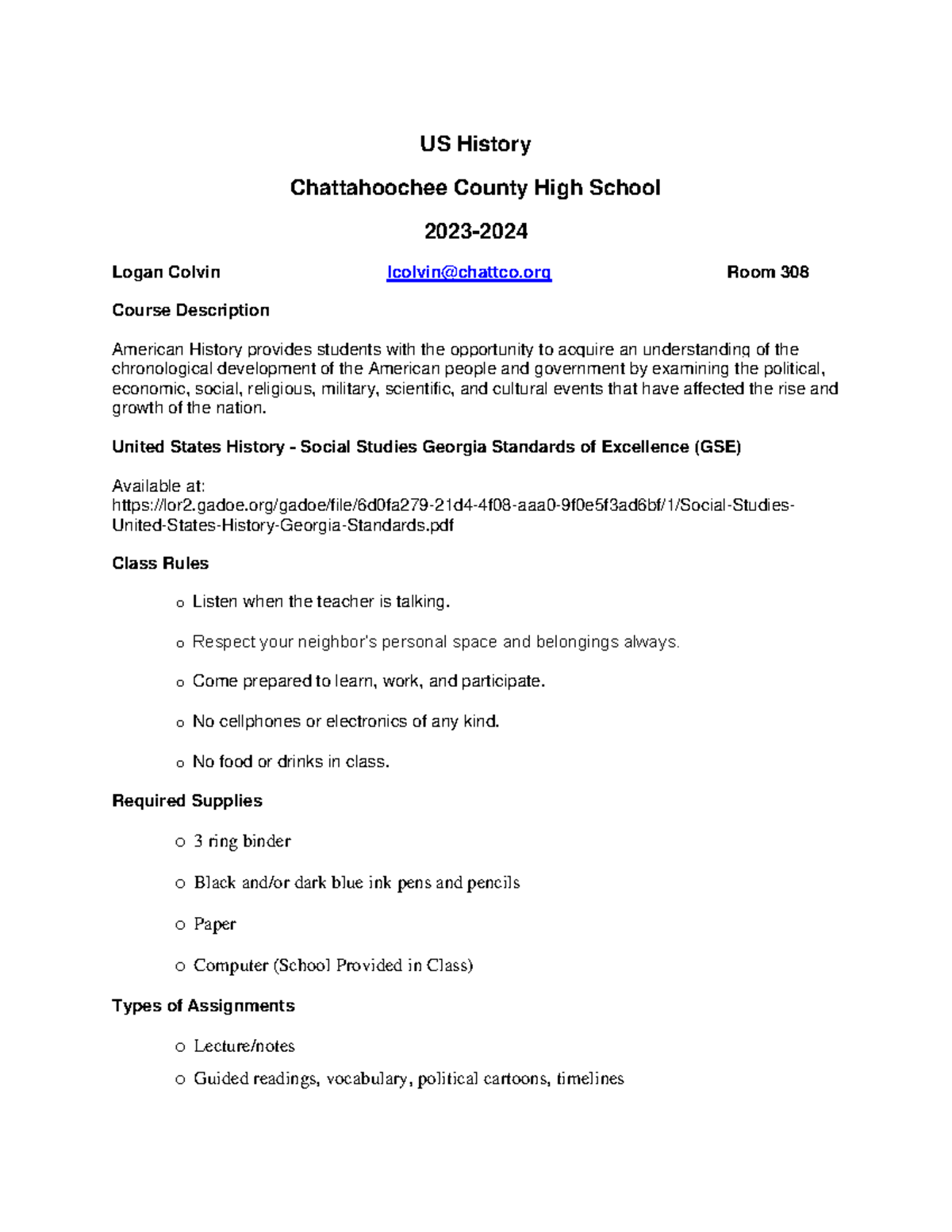 History GA Syllabus - US History Chattahoochee County High School 2023 ...