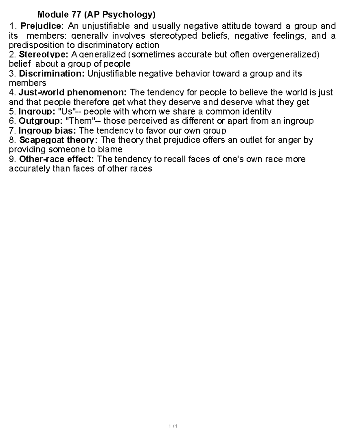 Module 77 notes Module 77 (AP Psychology) Prejudice An