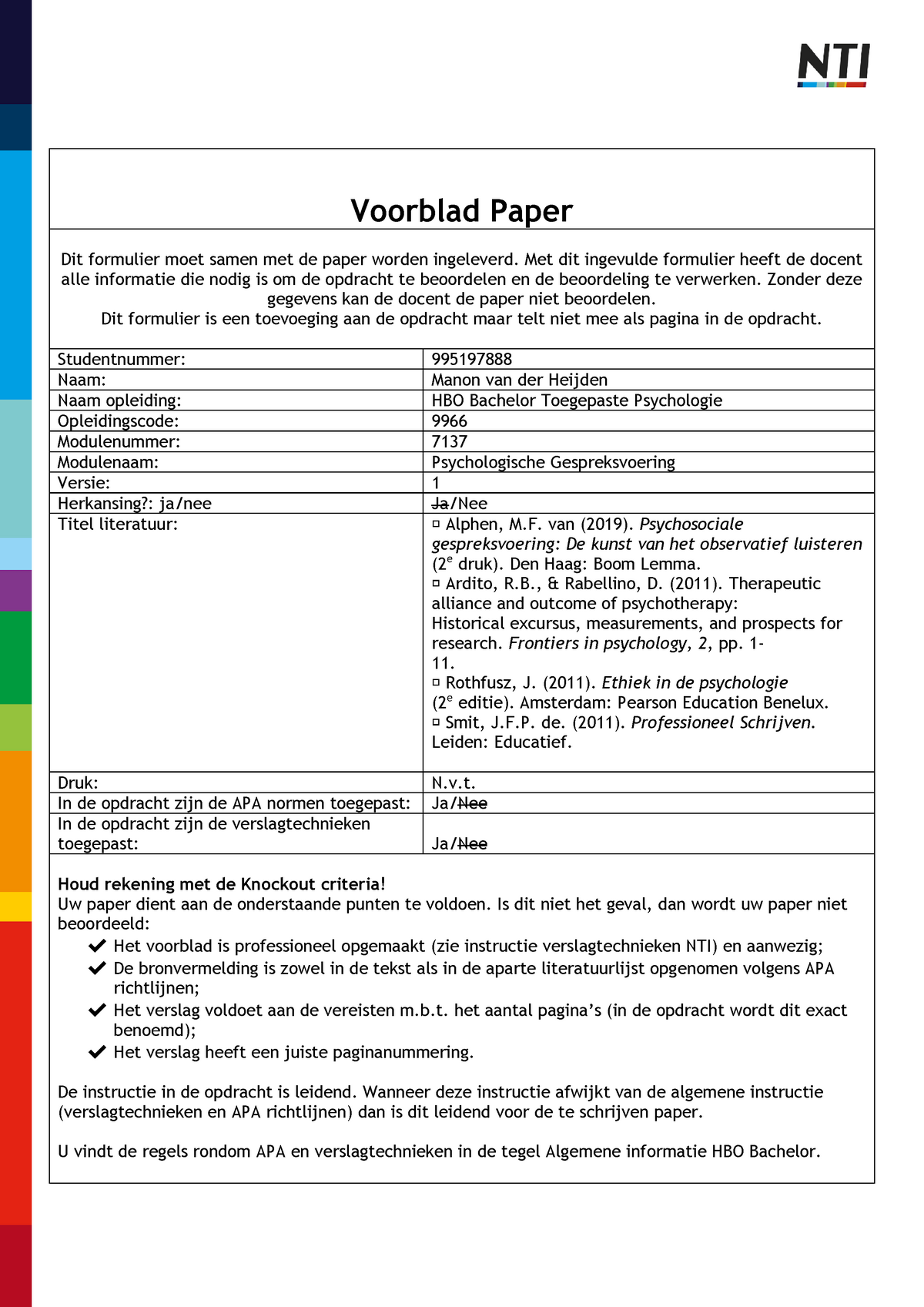 Paper psychologische gespreksvoering - Voorblad Paper Dit formulier