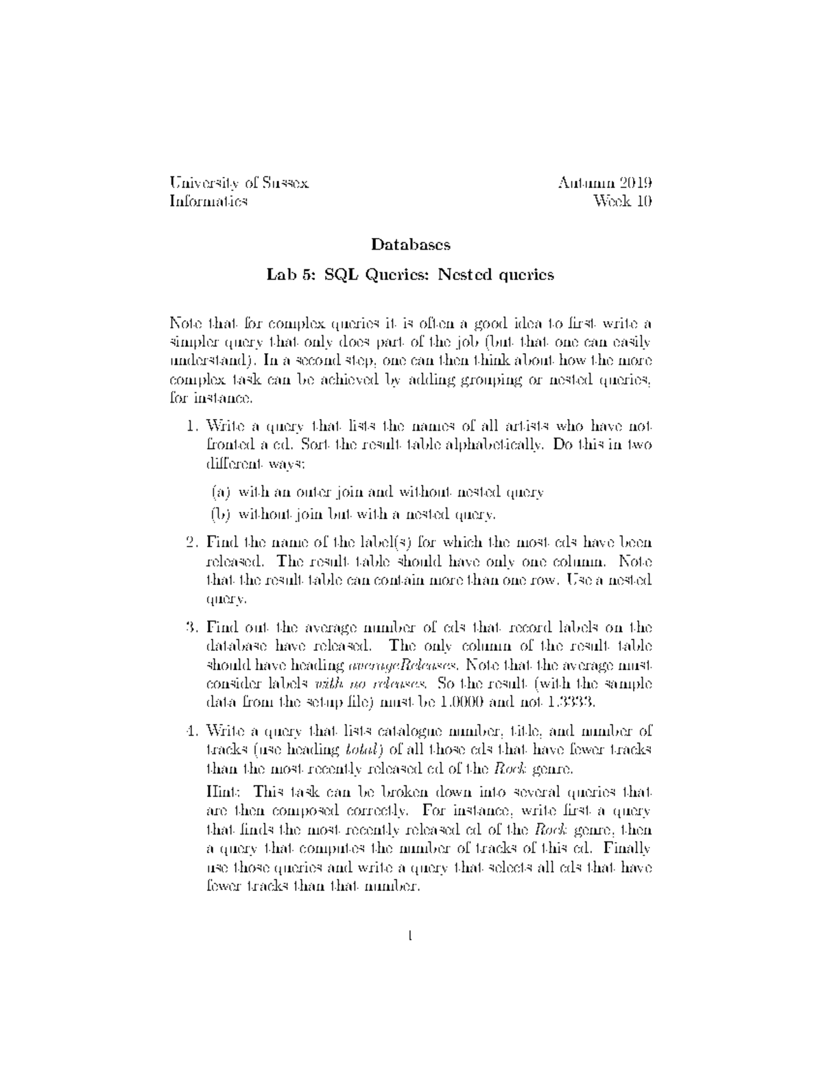SQL practice sheet 5 - University of Sussex Autumn 2019 Informatics ...