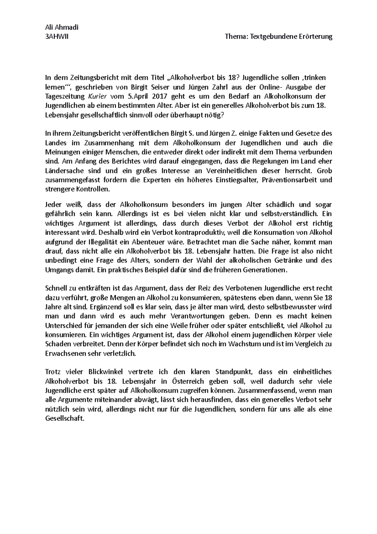Textgebundene Erörterung Texte Zum üben Klasse 9 Textgebundene Erörterung Alkoholverbot Bis 18 - Ali Ahmadi 3AHWII Thema