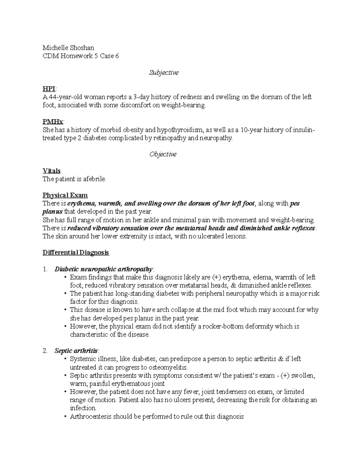 CDM Homework - Foot swelling differential diagnosis assignment ...