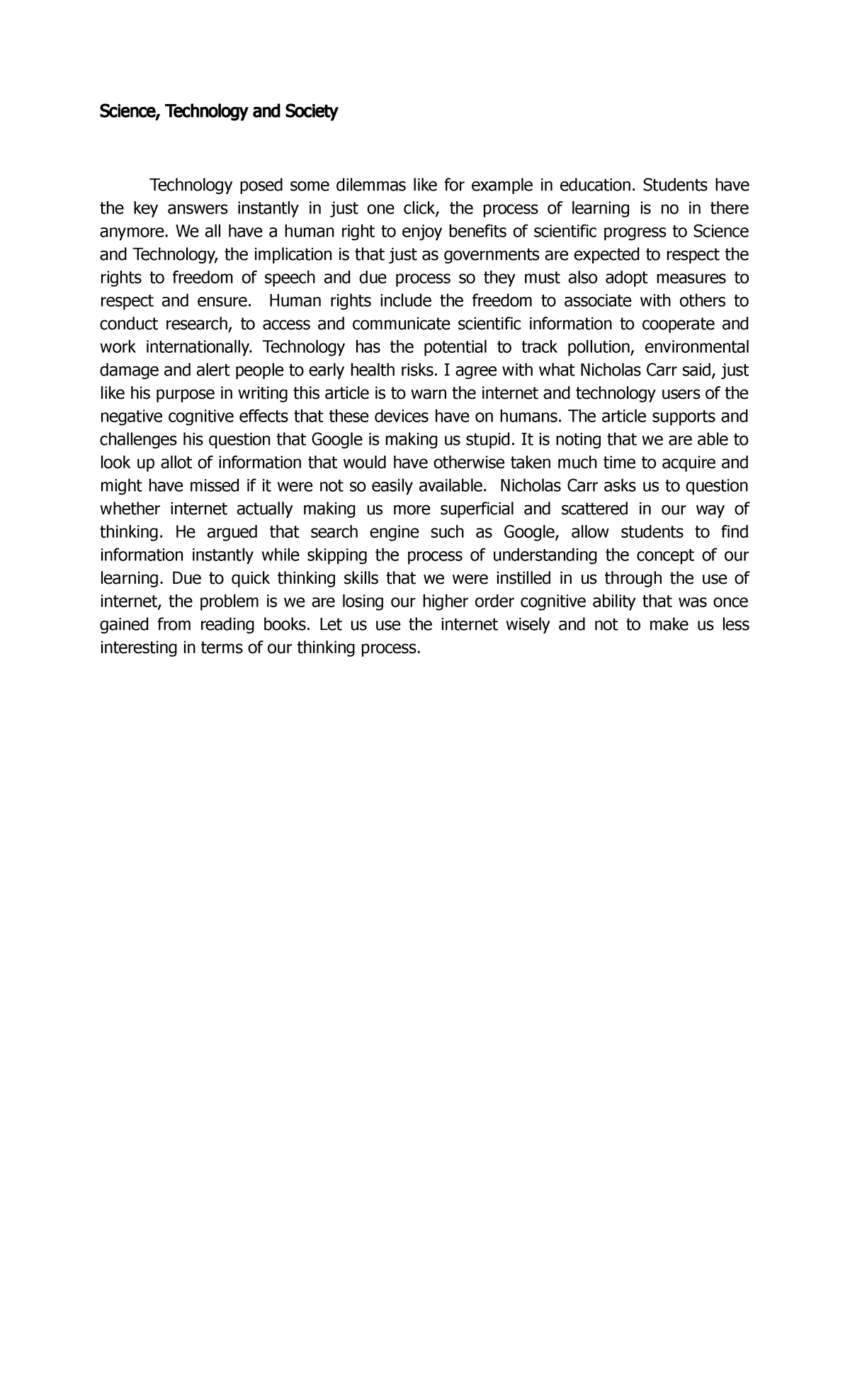 essay about the relationship of science technology and society