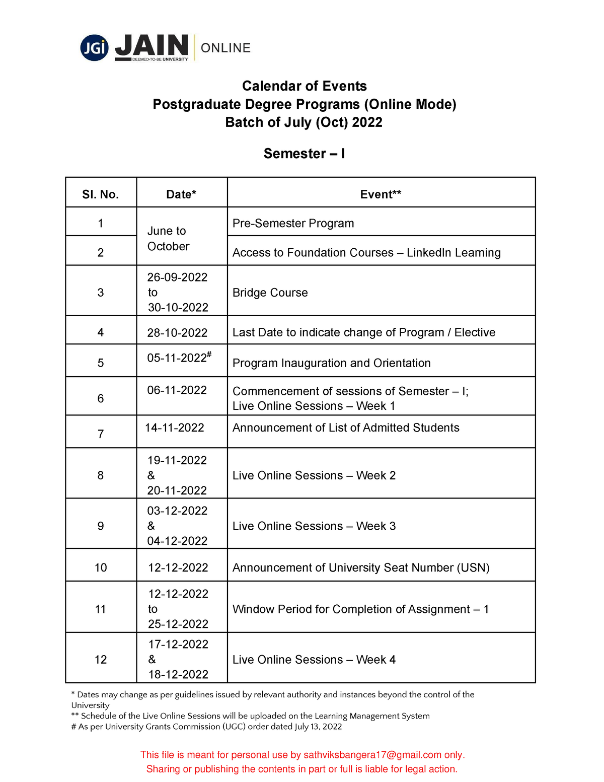 MCA+Semester+1+Calendar+of+Events Calendar of Events Postgraduate