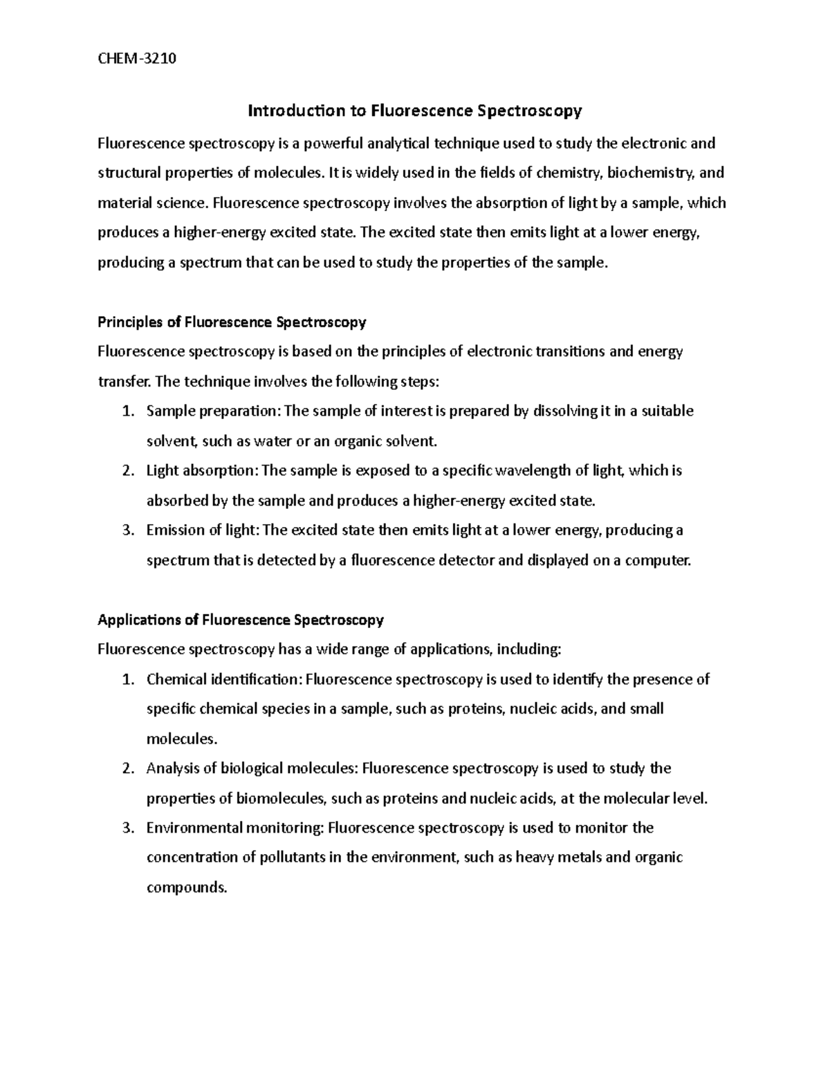 Fluorescence Spectroscopy CHEM Introduction to Fluorescence