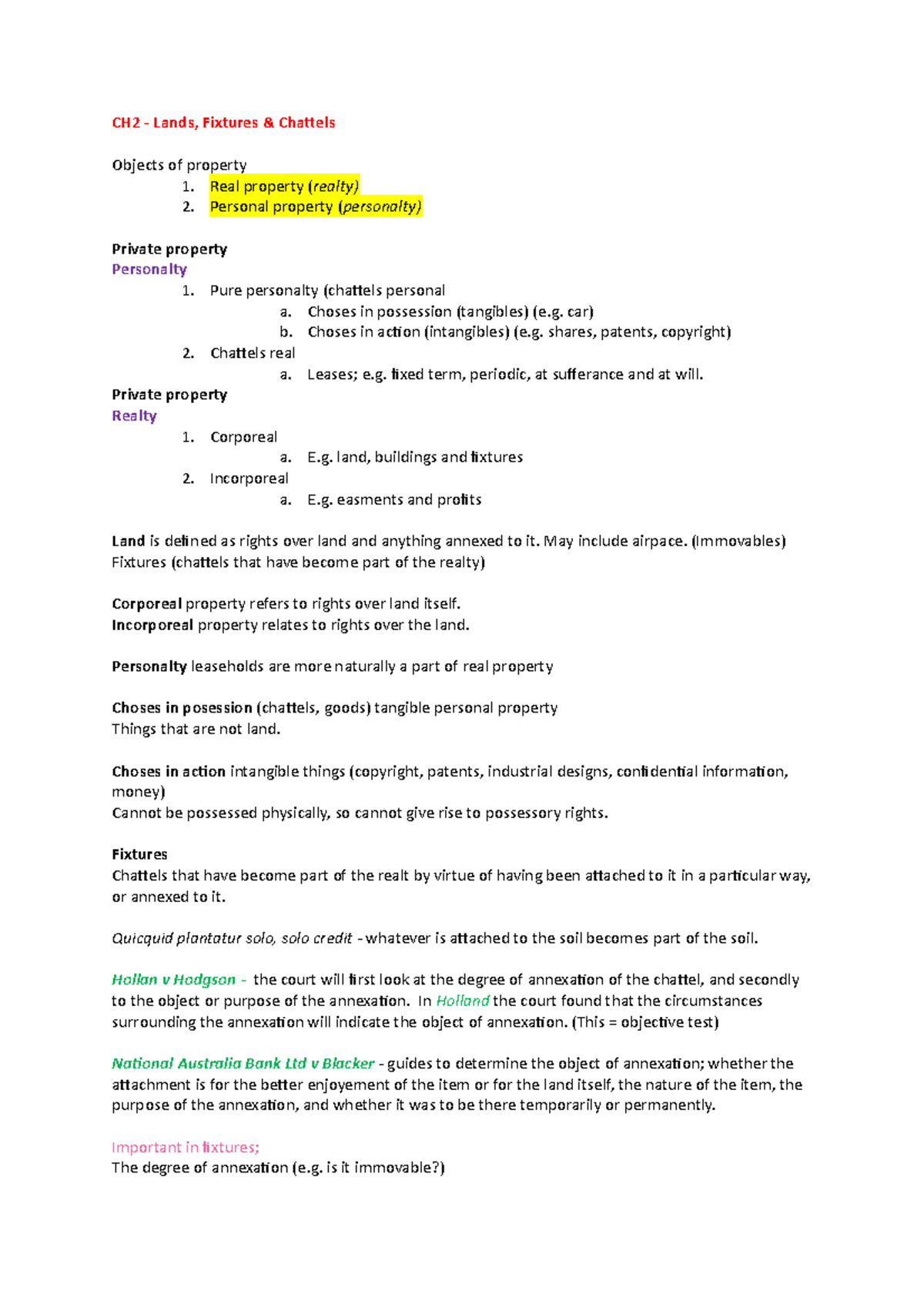 Property law CH2 Lands, Fixtures & Chattels Objects of property 1