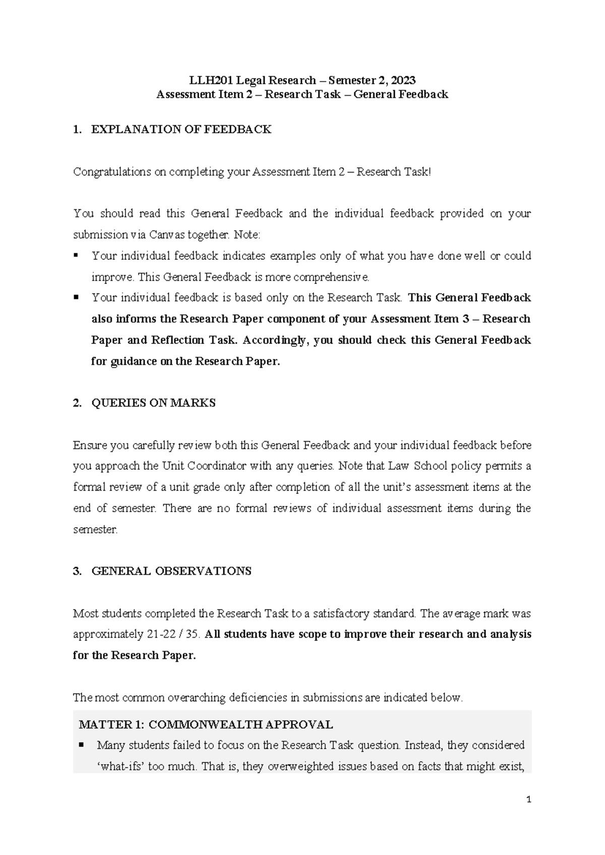 General Feedback Assessment Item 2 - 2023 - LLH201 Legal Research ...