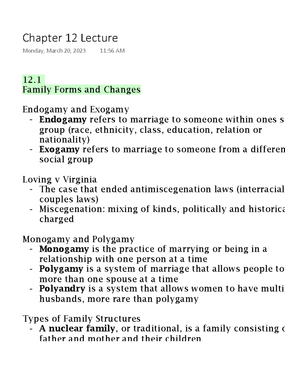 Chapter 12 Lecture - Notes - 12. Family Forms And Changes Endogamy And ...