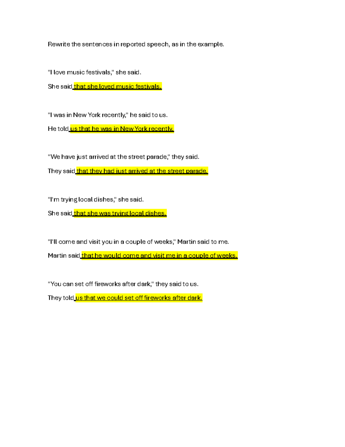 Reported speech workbook 1 241120 012316 - Rewrite the sentences in ...