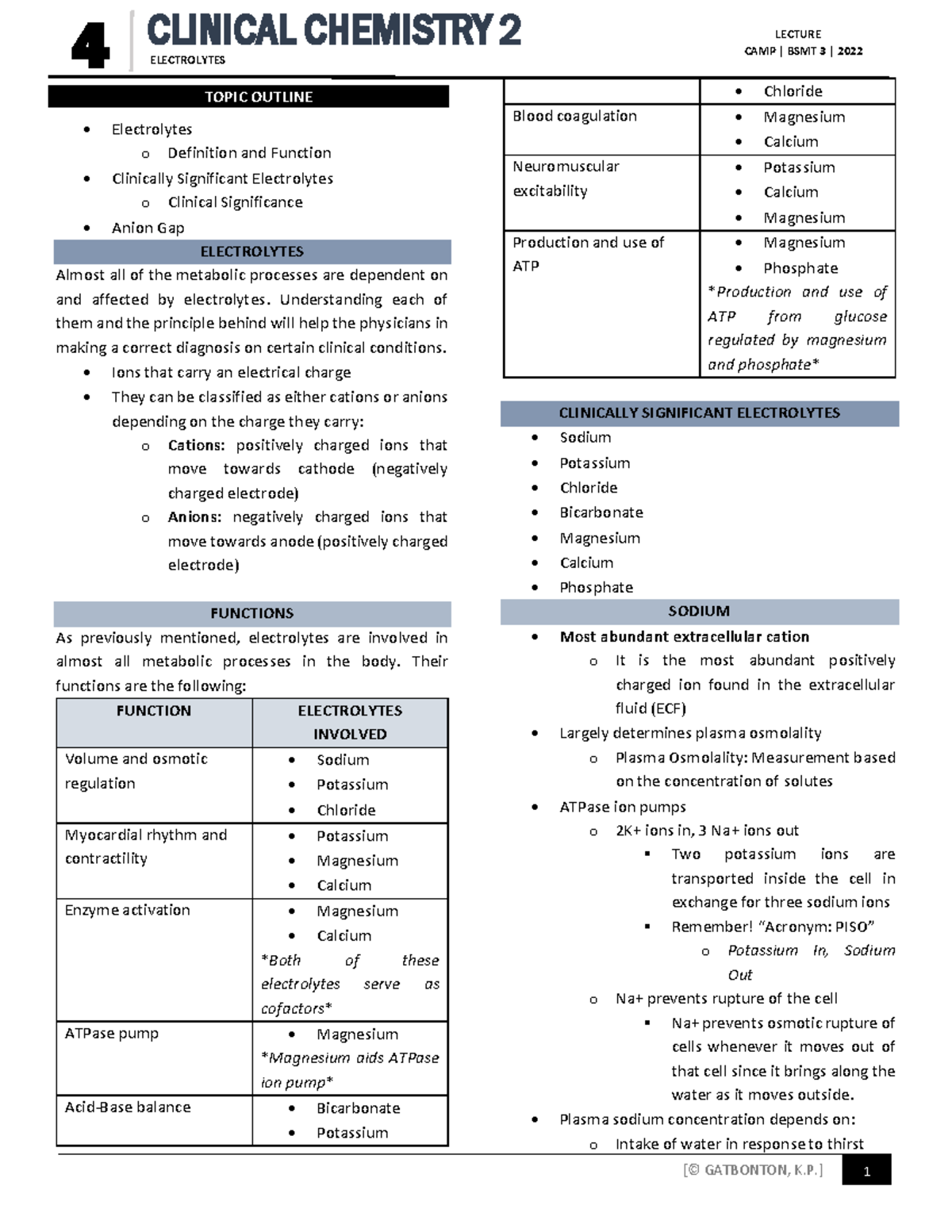 CC2LectureElectrolytes 4 ELECTROLYTES SUBJECT Electrolytes o Definition and Function