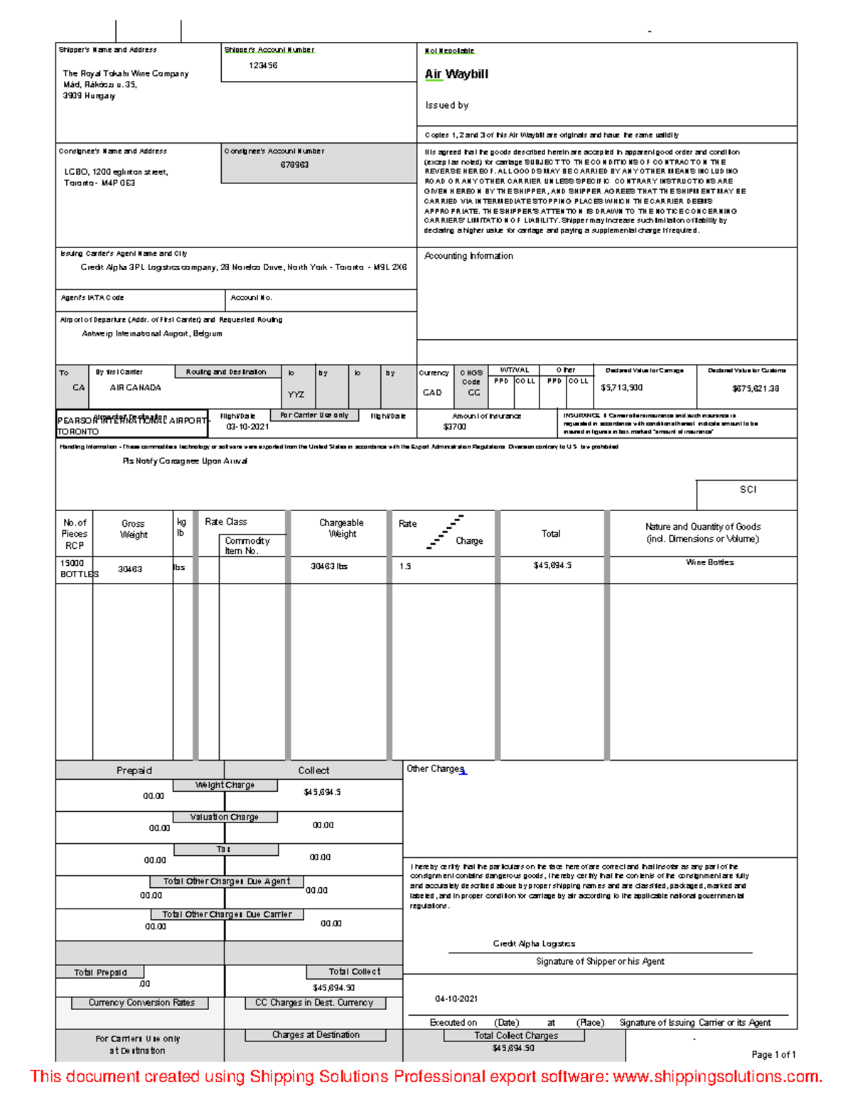 Air Waybill -Scenario 1 - Shipper's Name and Address Shipper's Account ...