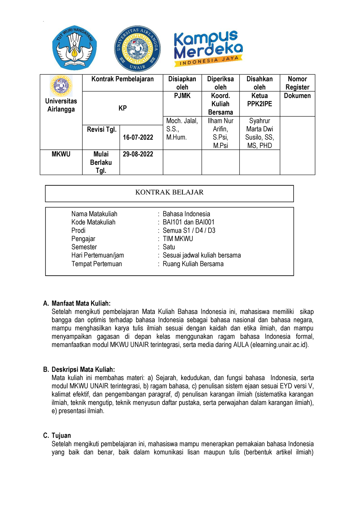 Kontrak Kuliah Bahasa Indonesia 2022 - Universitas Airlangga Kontrak ...