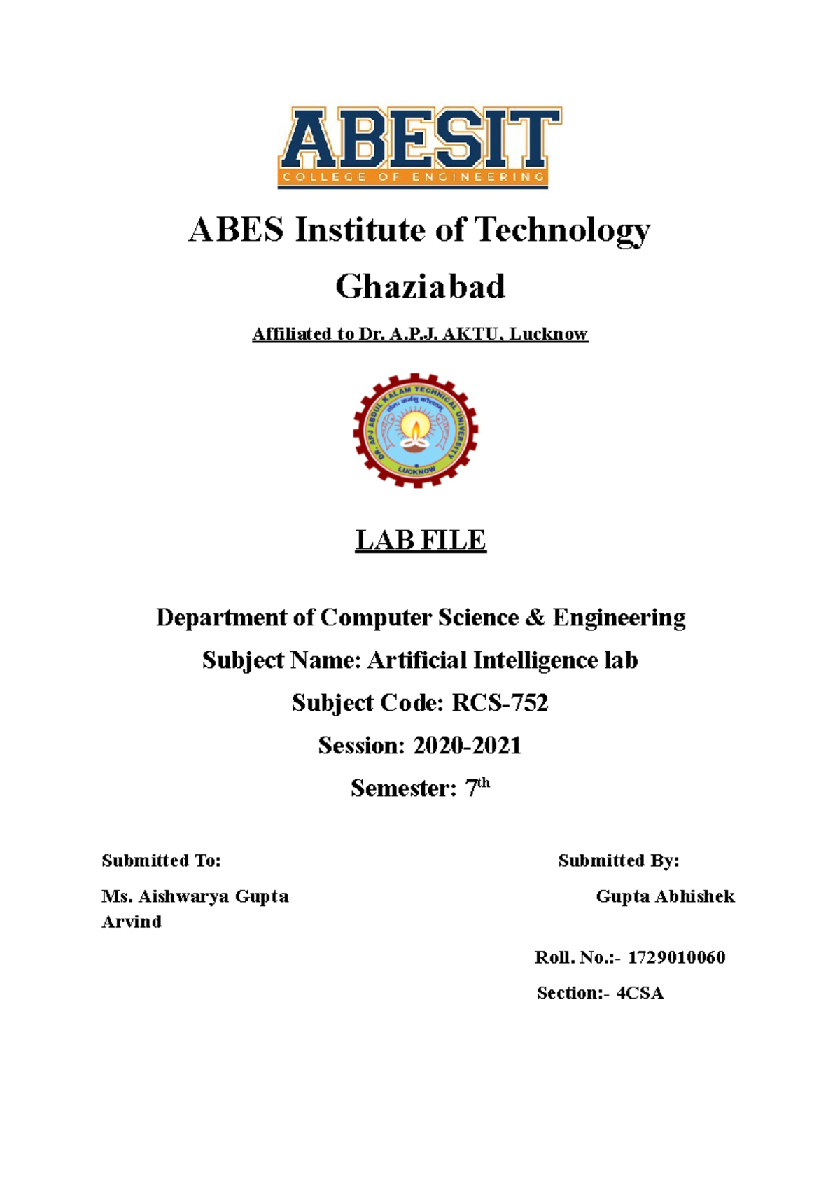 AI - Lecture notes 1-5 - ABES Institute of Technology Ghaziabad ...