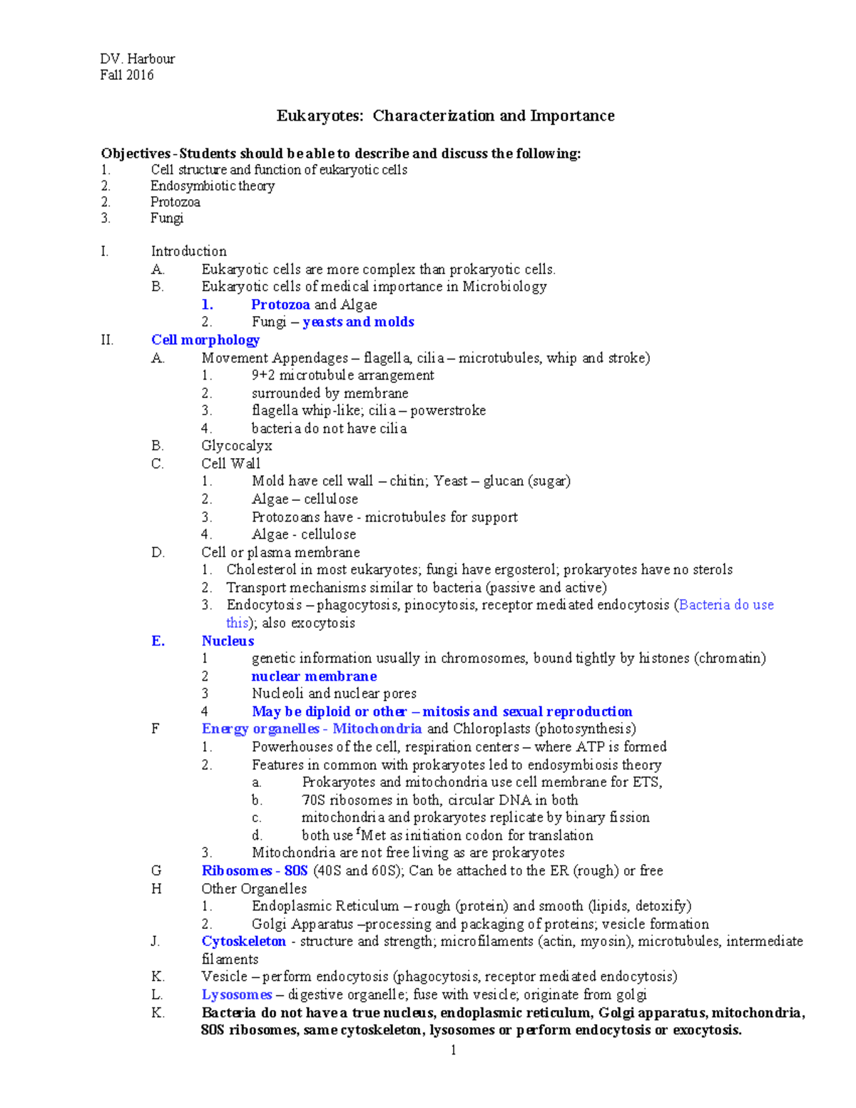 Eukaryotes - Chapter lecture notes - DV. Harbour Fall 2016 1 Eukaryotes ...