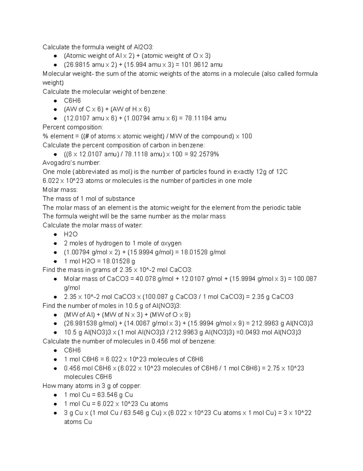 Chem 1 Lecture Notes on Molecular Weight, Molar Mass, and Moles ...