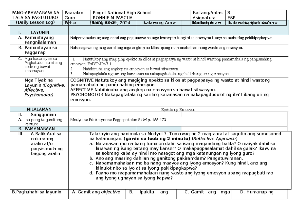 Week 2 ESP - sample - I. LAYUNIN Unang Araw Ikalawang Araw Ikatlong ...