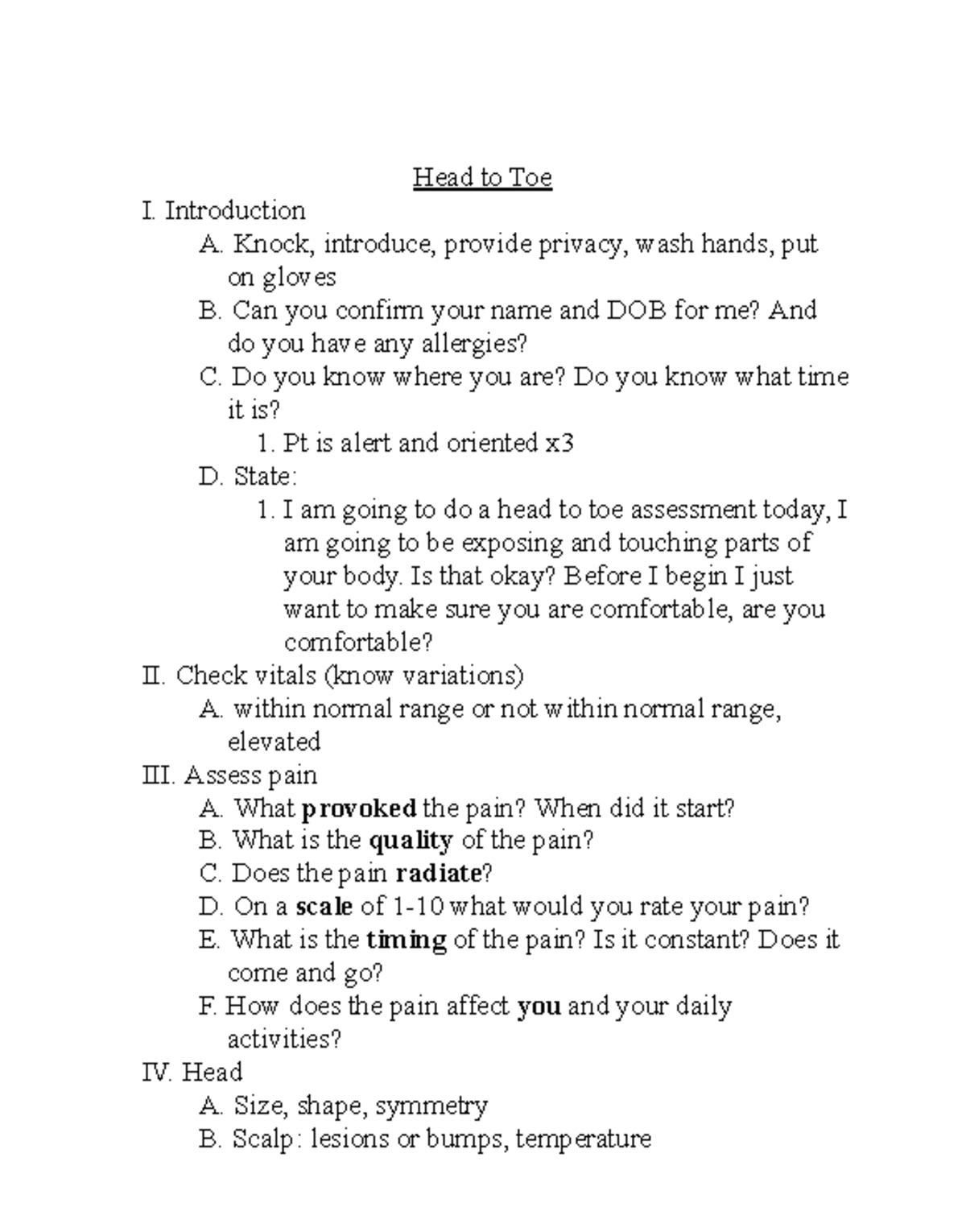 Head to Toe Head to Toe assessment guide Head to Toe I. Introduction A. Knock, introduce