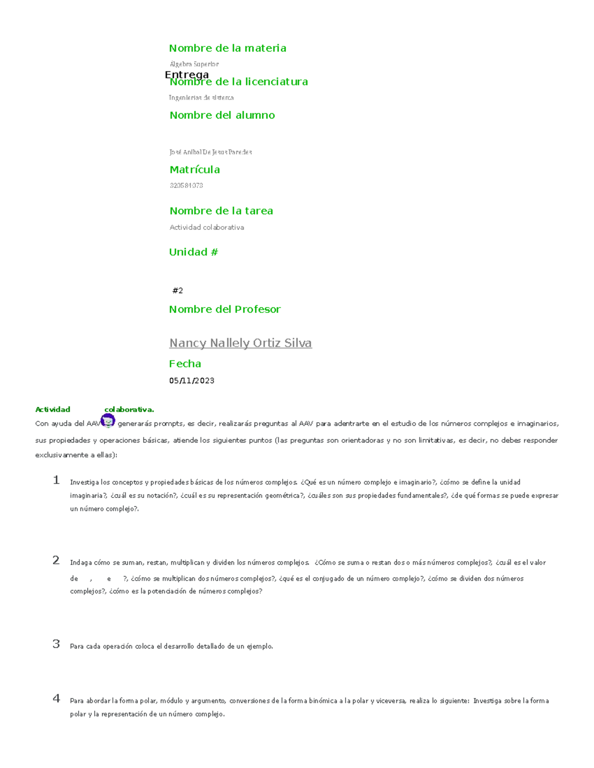 Algebra Superior Tareas Semana 2 - Nombre De La Materia Álgebra ...