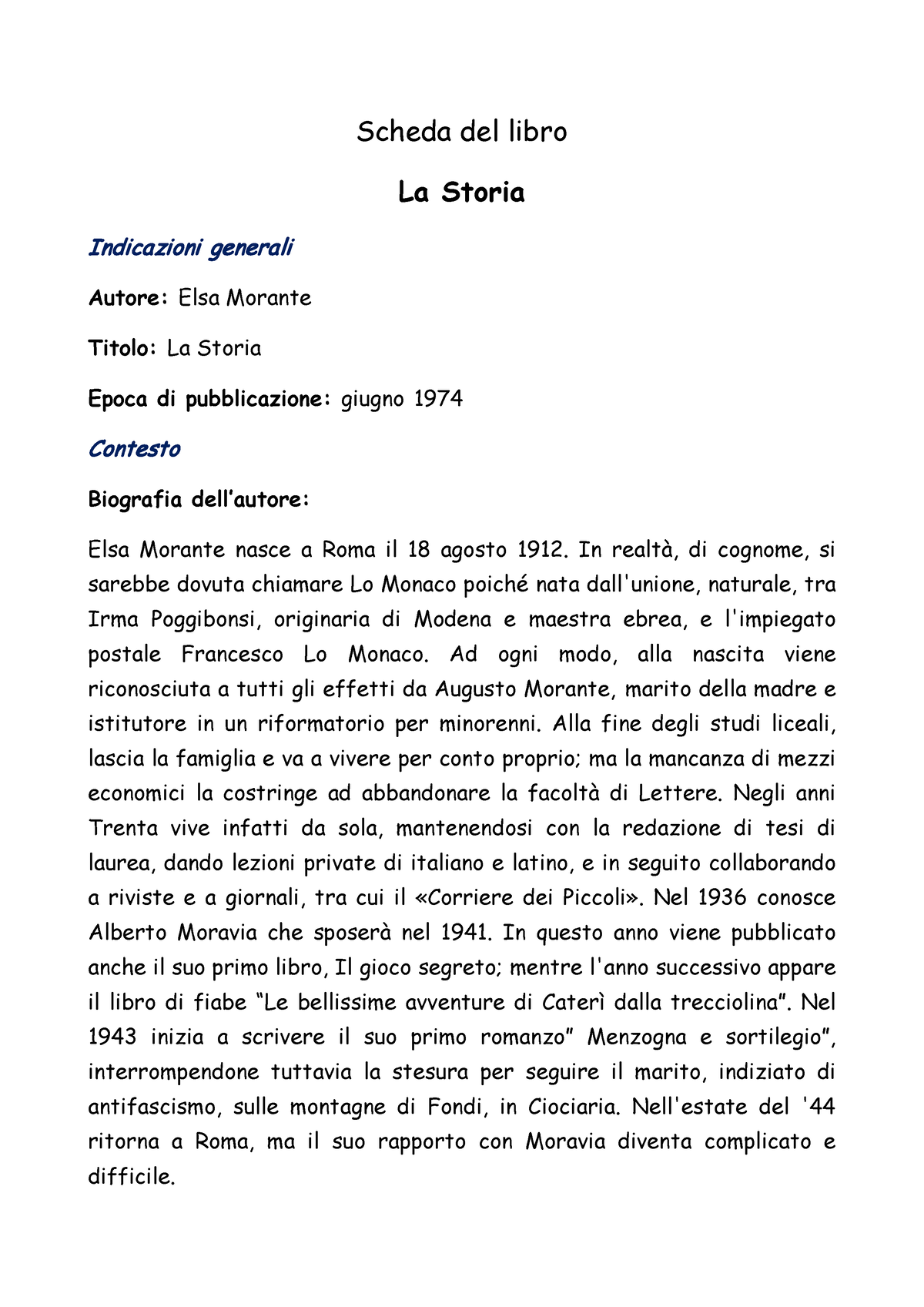 Scheda libro - Scheda del libro La Storia Indicazioni generali Autore: Elsa  Morante Titolo: La - Studocu