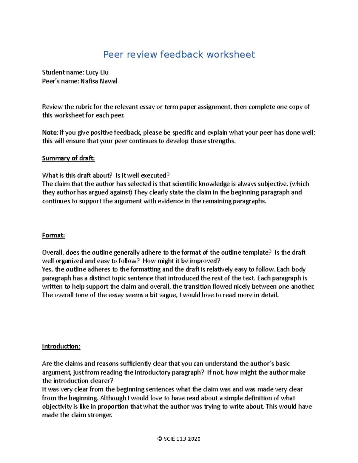 Worksheet Peer Review Feedback 2020W1-2 - Peer Review Feedback ...