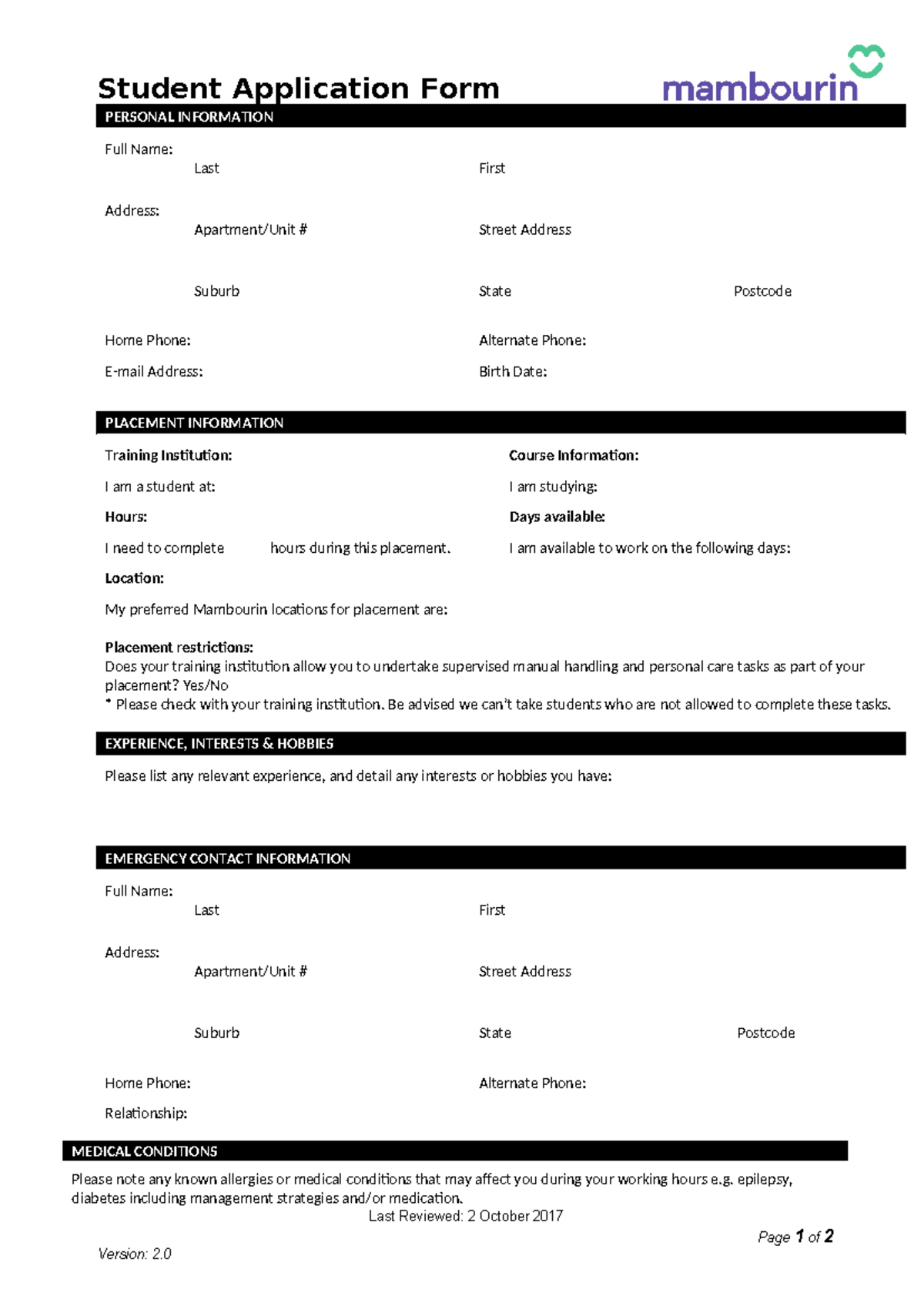 Form-Student-Application - Student Application Form PERSONAL ...