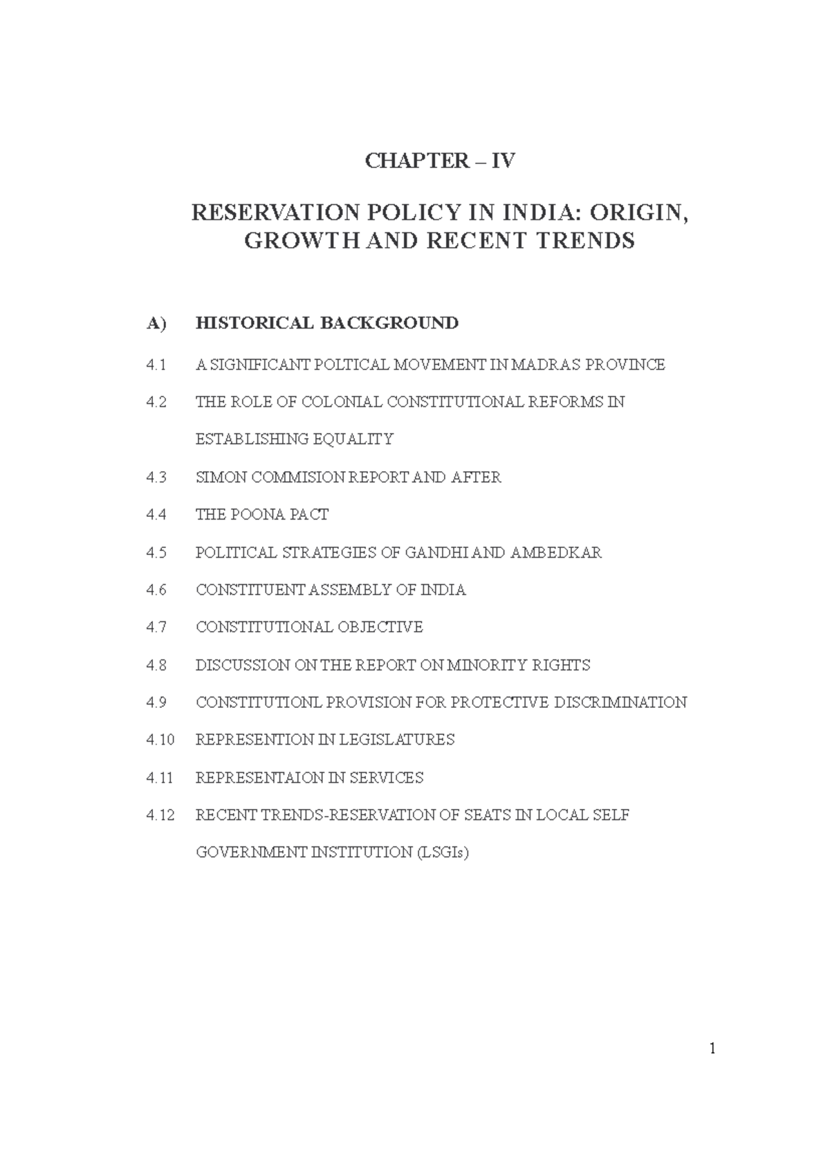 Reservation Policy IN India Important - 1 CHAPTER – IV RESERVATION ...