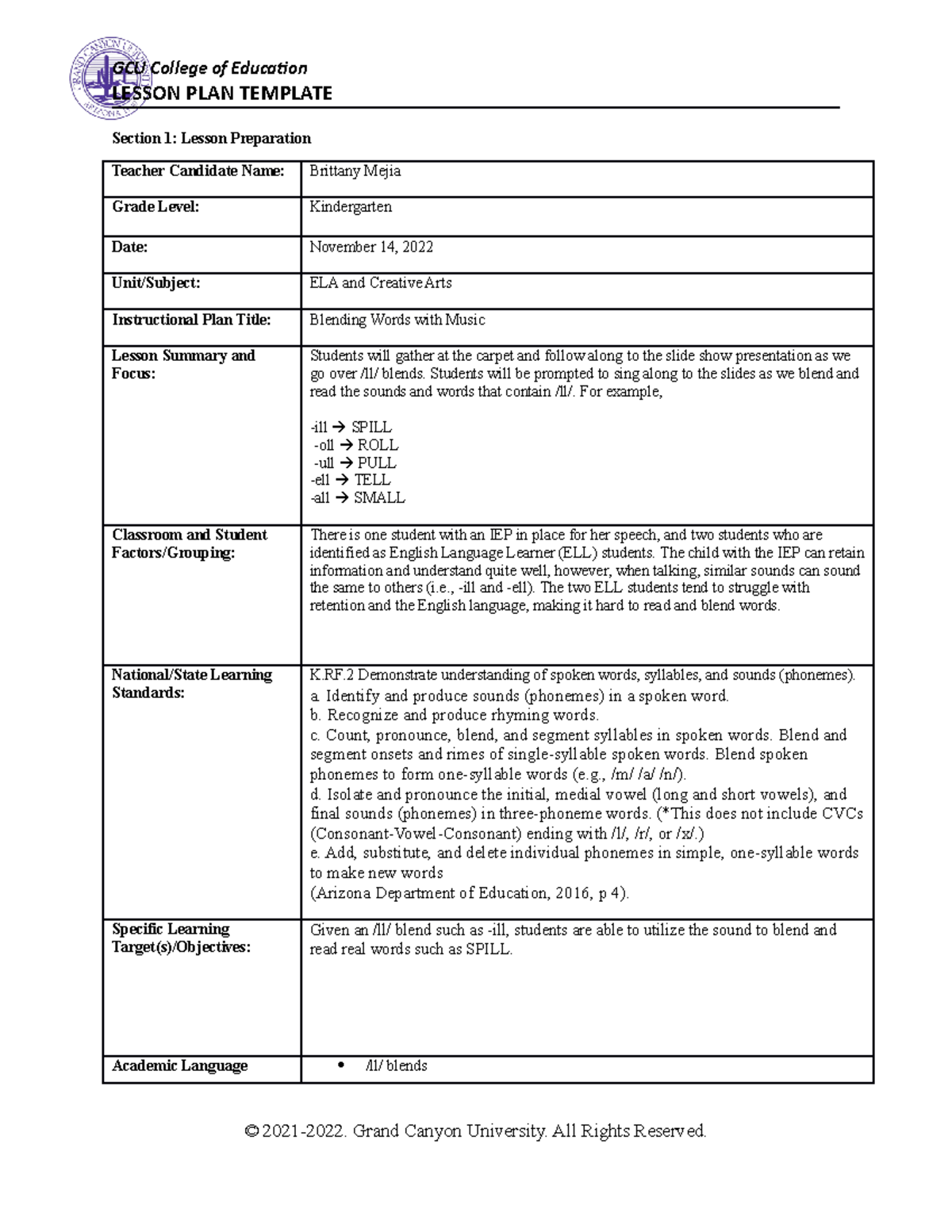 Music Integrated Lesson Plan - LESSON PLAN TEMPLATE Section 1: Lesson ...