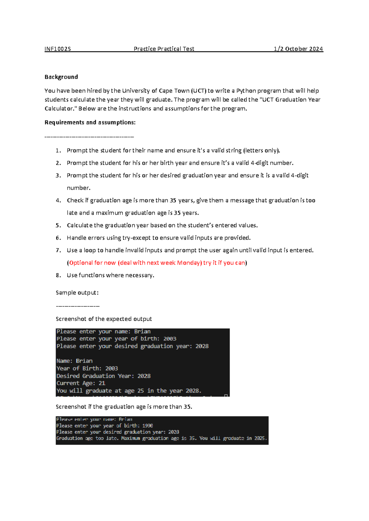 INF1002S Practice Python Practical - INF1002S Practice Practical Test 1 ...