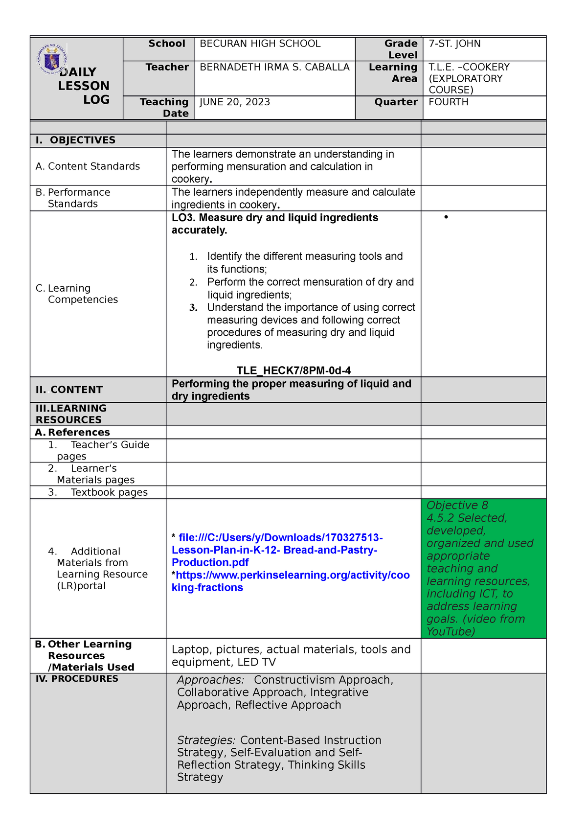 Dll cookery for co measuring ingredients - DAILY LESSON LOG School ...