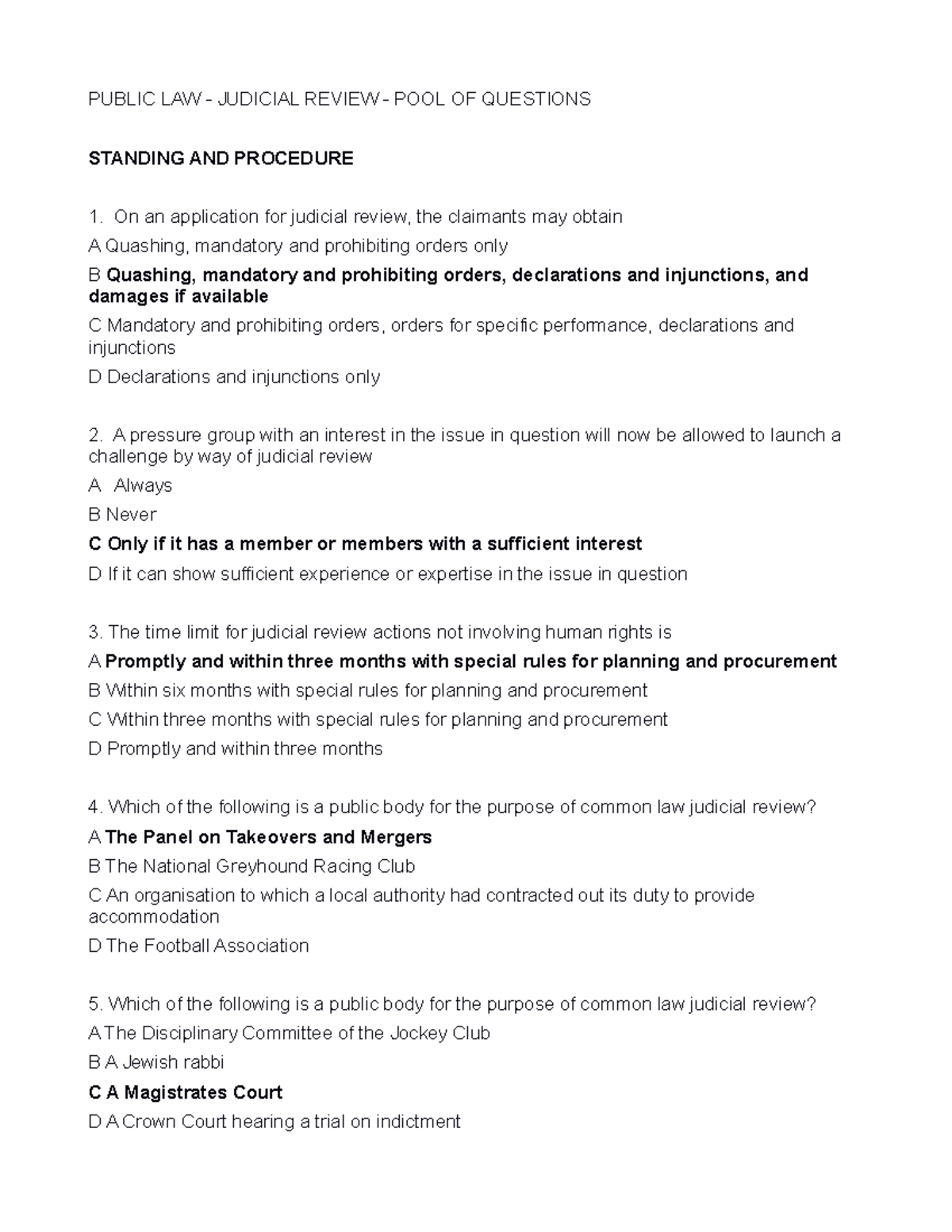 Judicial Review Test - PUBLIC LAW - JUDICIAL REVIEW - POOL OF QUESTIONS ...