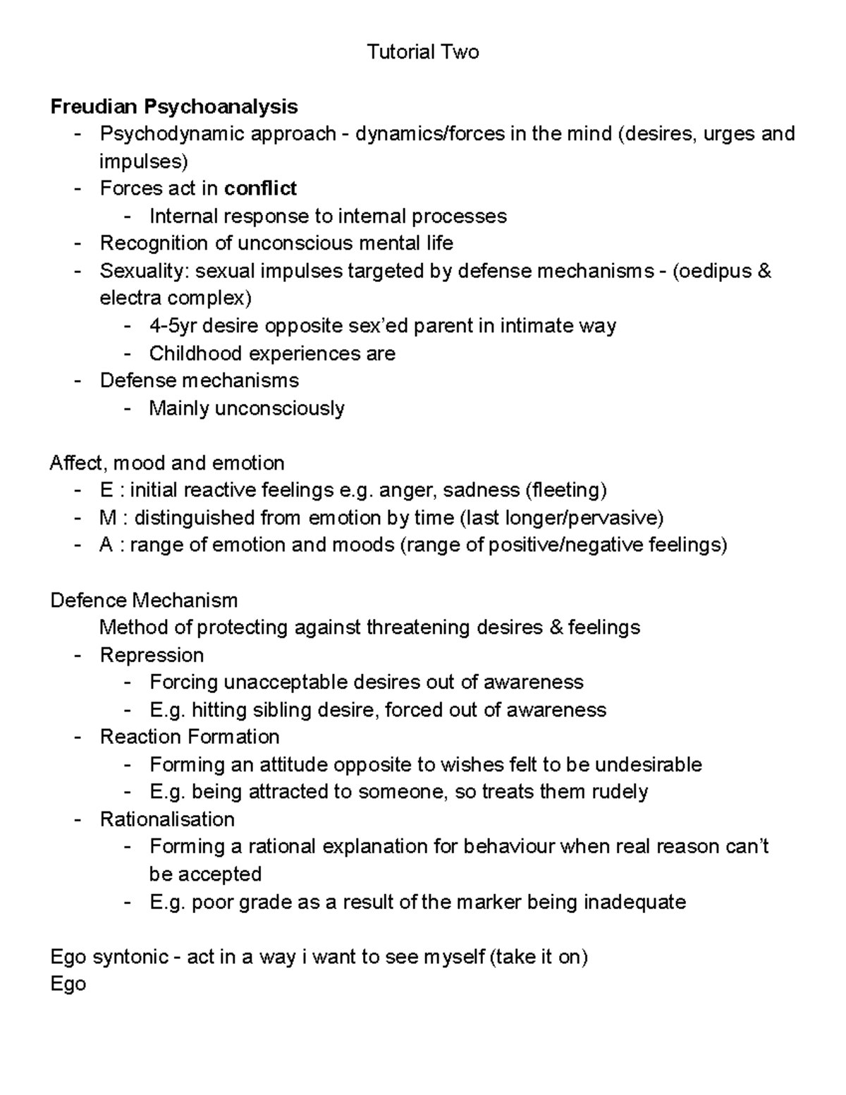 PSYU2234 Tutorial Notes - Tutorial Two Freudian Psychoanalysis ...