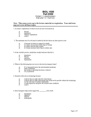 Exam i 4 March 2016, questions and answers - BIOL 1020: Principles of ...