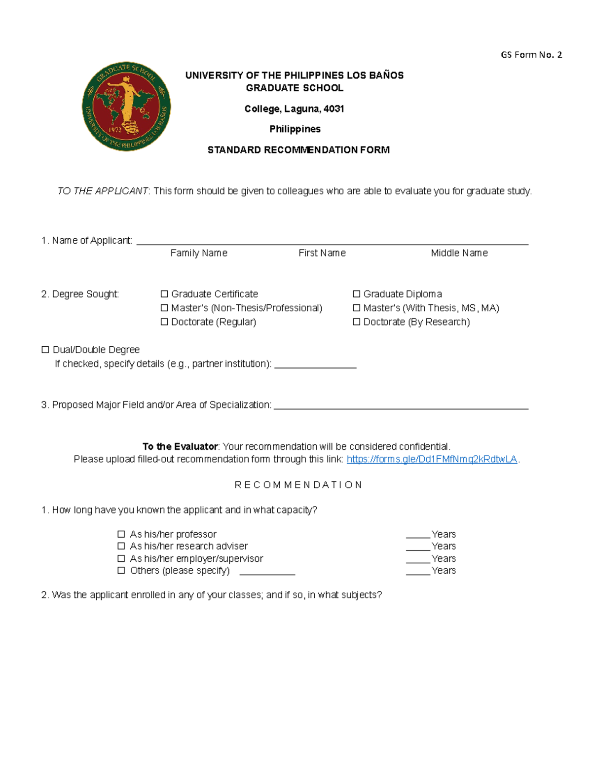 Recommendation-Form-GS-Form-2 - GS Form No. 2 UNIVERSITY OF THE ...