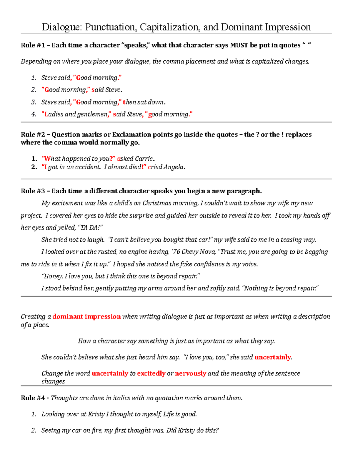 Dialogue Handout and Exercise - Dialogue: Punctuation, Capitalization ...