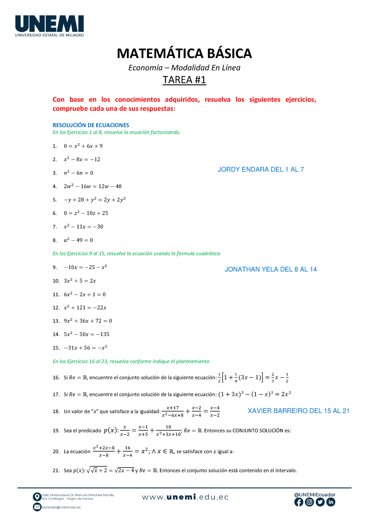 Tarea - 1 DE Matematicas Jordy - MATEM¡TICA B¡SICA EconomÌa – Modalidad ...