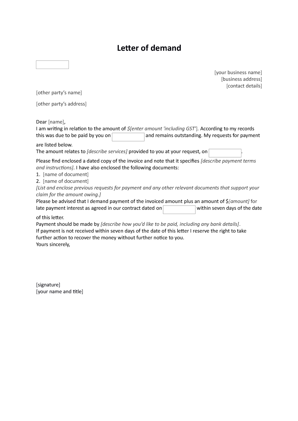 Letter of demand template - Letter of demand [your business name ...