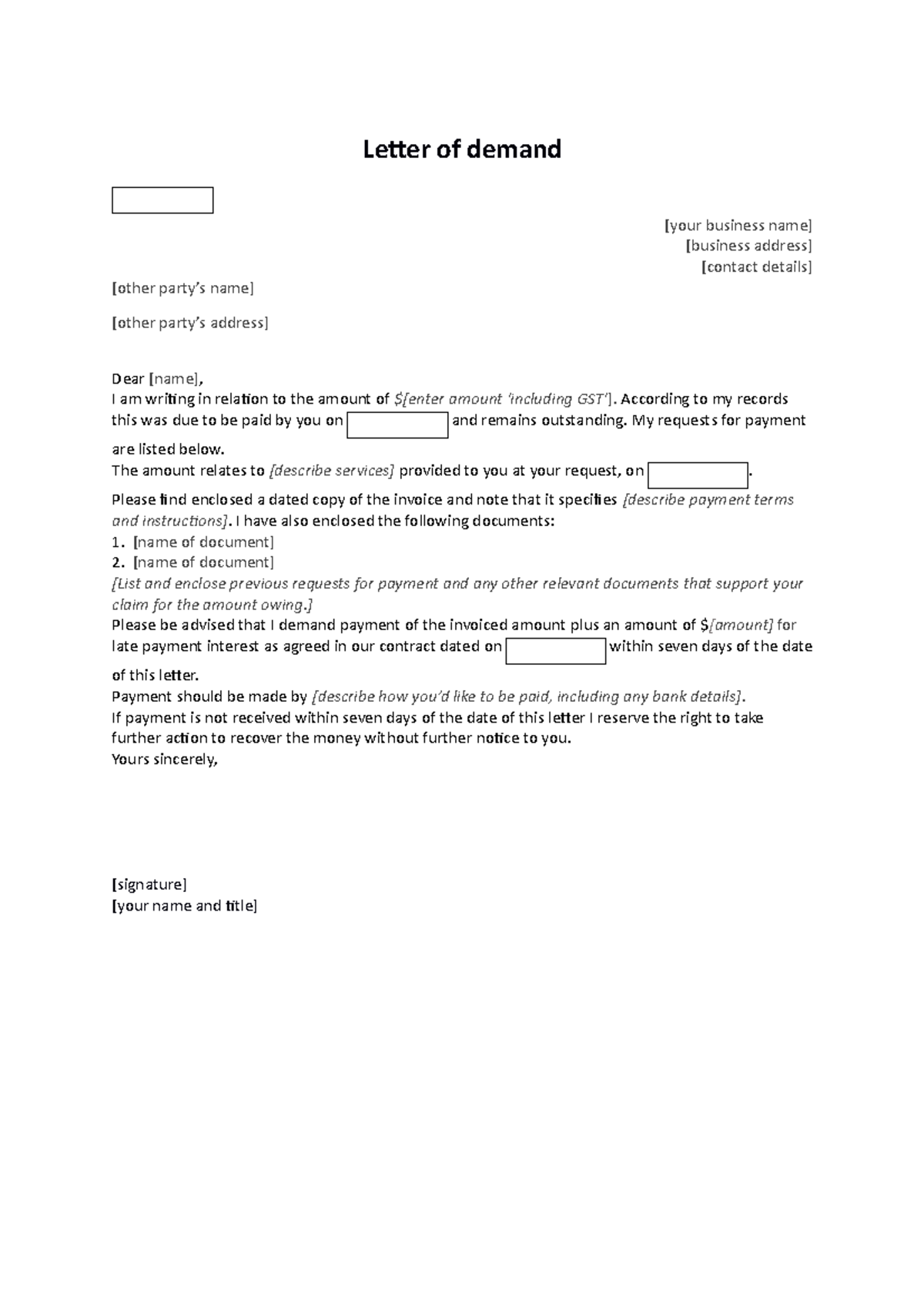 Letter of demand template - Letter of demand [your business name ...