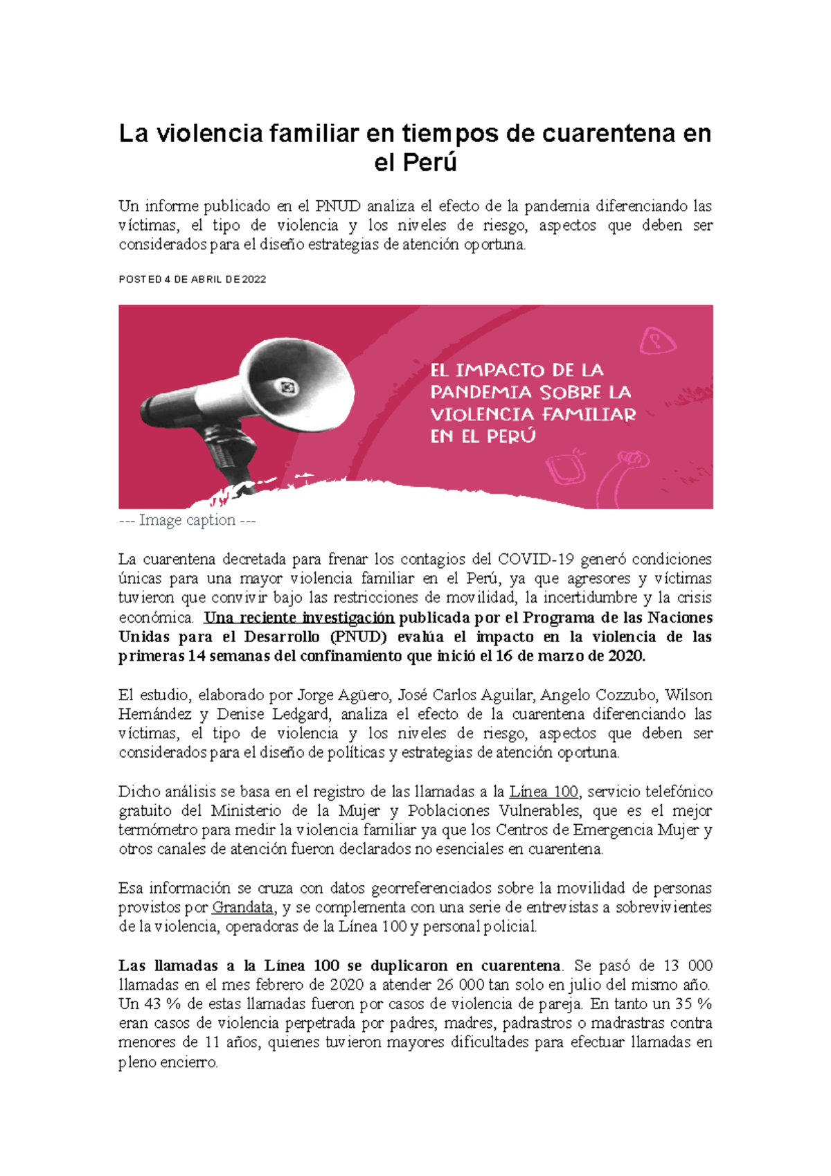 La violencia familiar en tiempos de cuarentena en el Perú - La ...