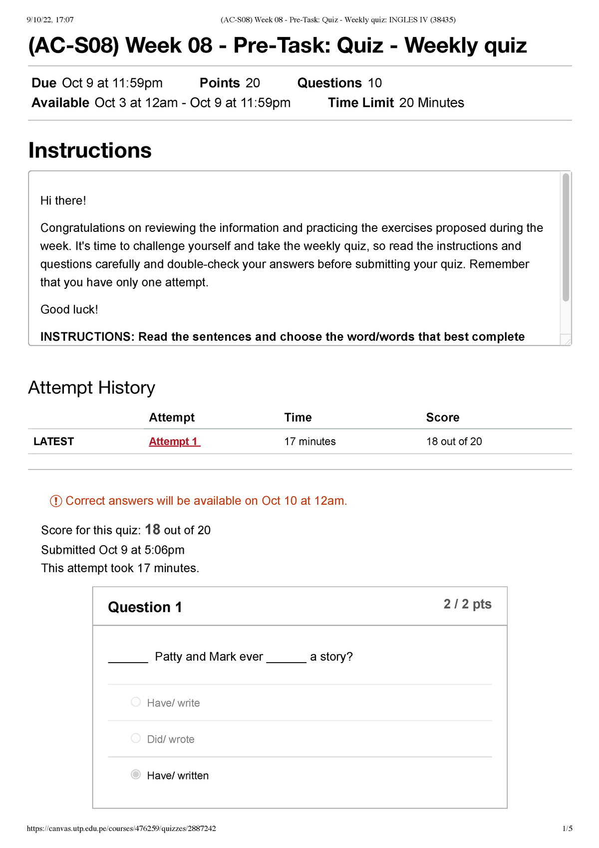 (AC-S08) Week 08 - Pre-Task Quiz - Weekly quiz Ingles IV - (AC-S08 ...