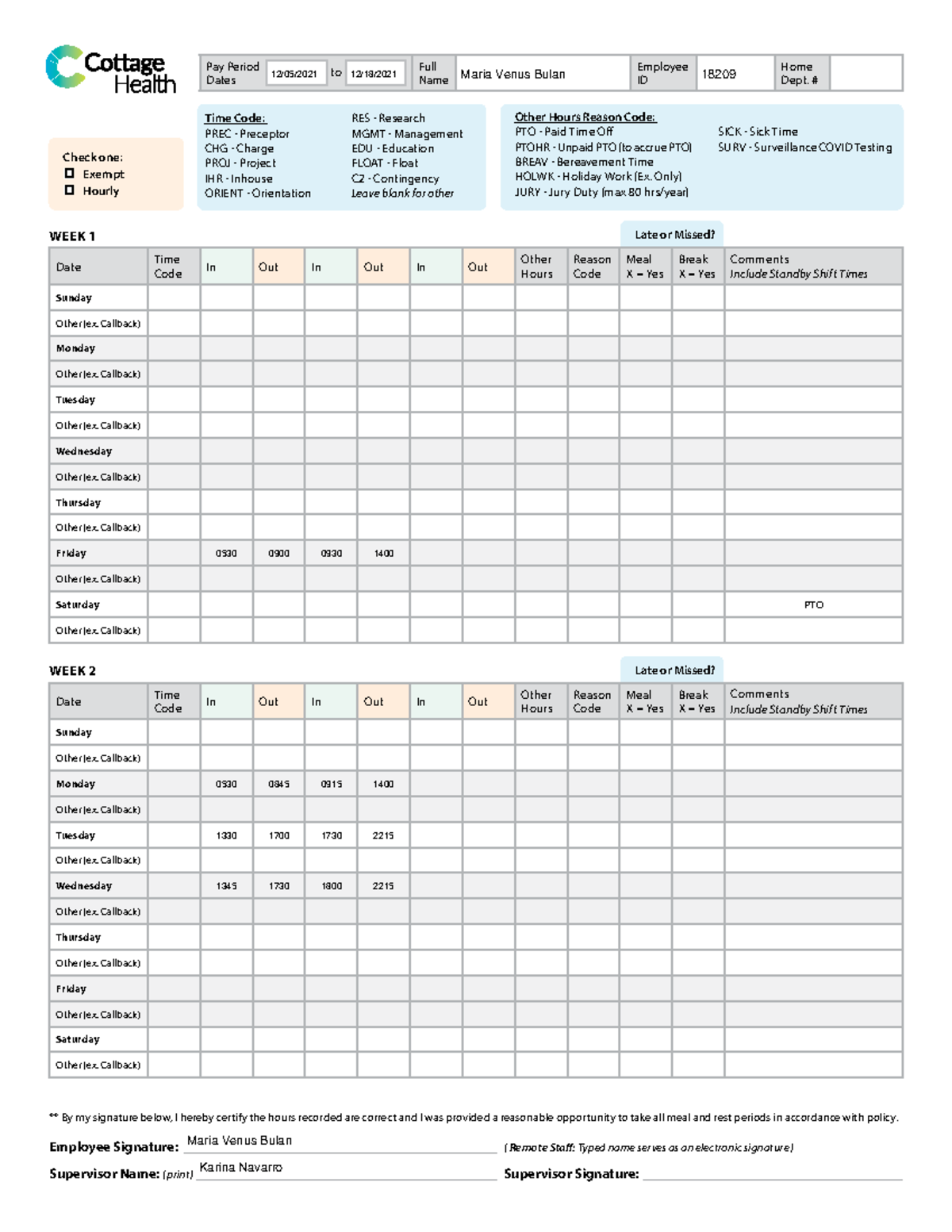 CH Kronos Fillable - N/A - WEEK 1 Late or Missed? Date Time Code In Out ...