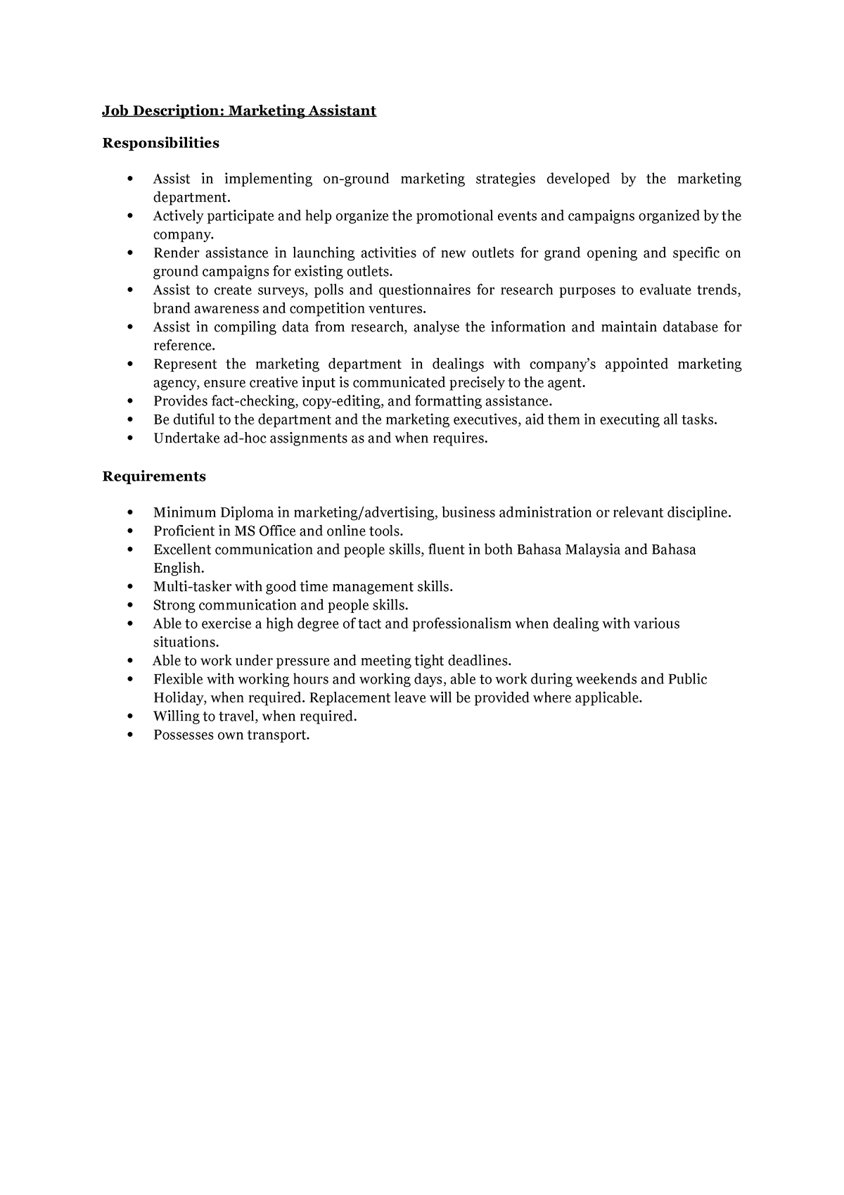 Marketing Assistant Responsibilities For Resume